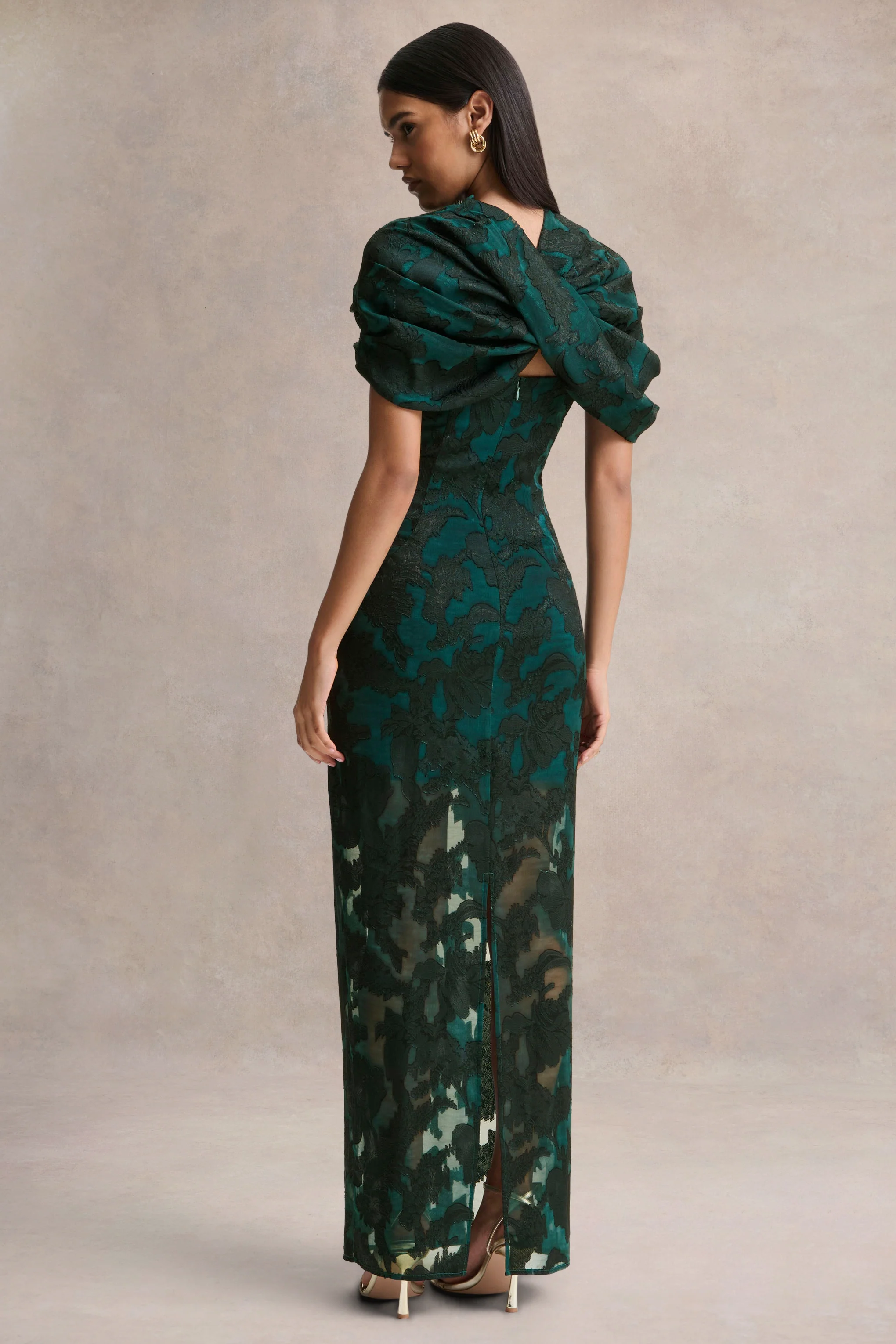 Hada | Dark Green Satin Devore Square-Neck Maxi Dress With Removable Twisted-Cape - Image 3