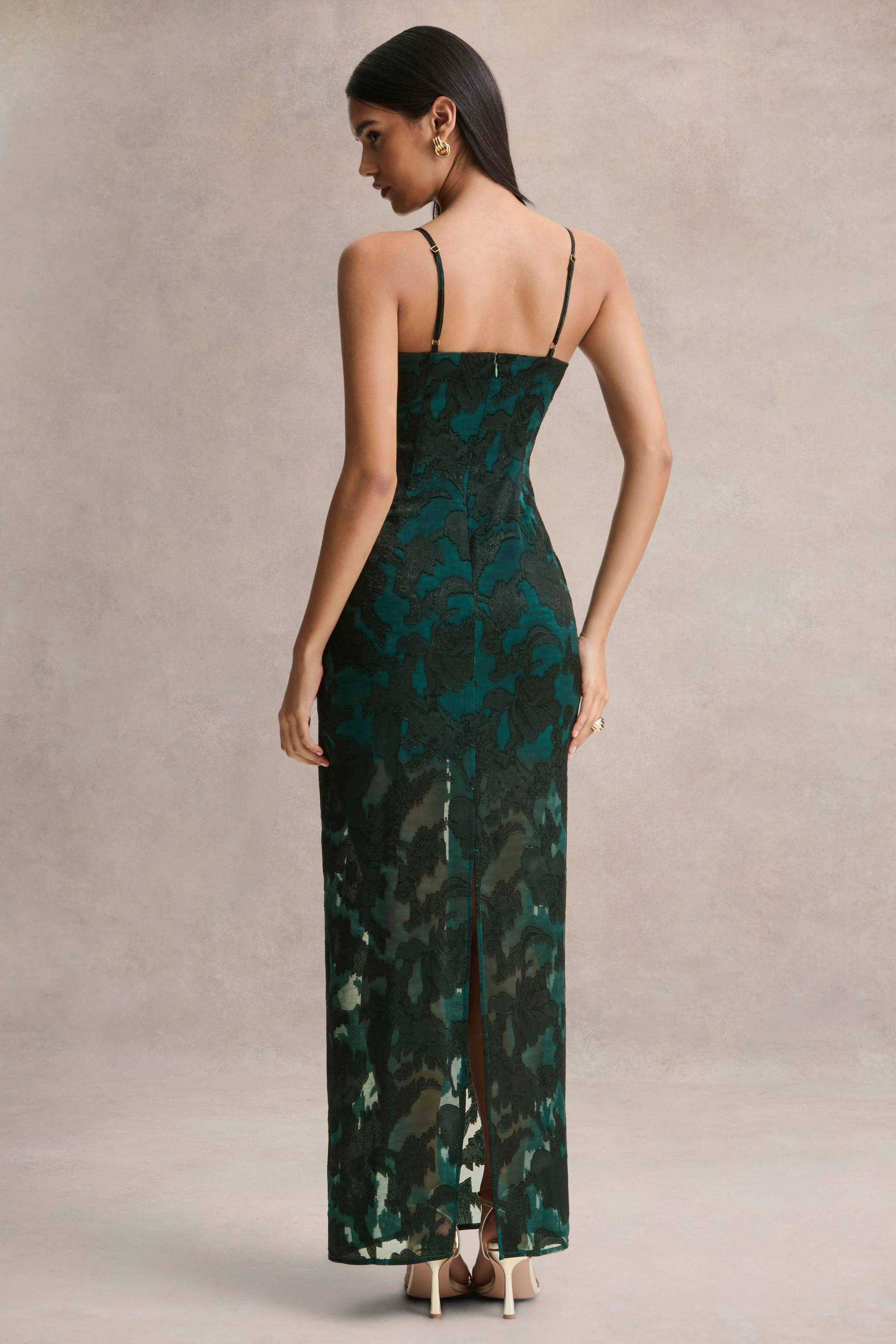 Hada | Dark Green Satin Devore Square-Neck Maxi Dress With Removable Twisted-Cape - Image 4