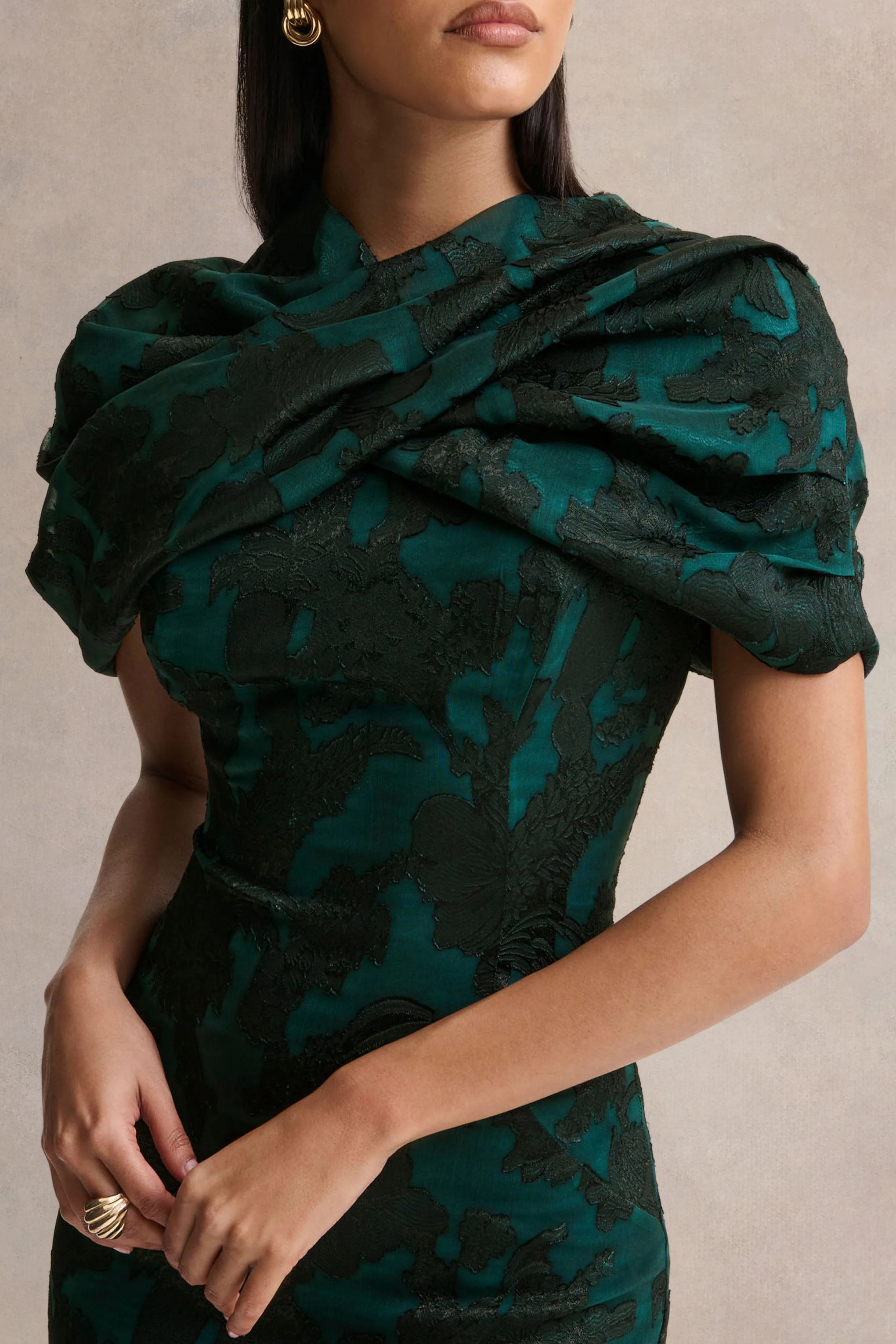 Hada | Dark Green Satin Devore Square-Neck Maxi Dress With Removable Twisted-Cape - Image 5
