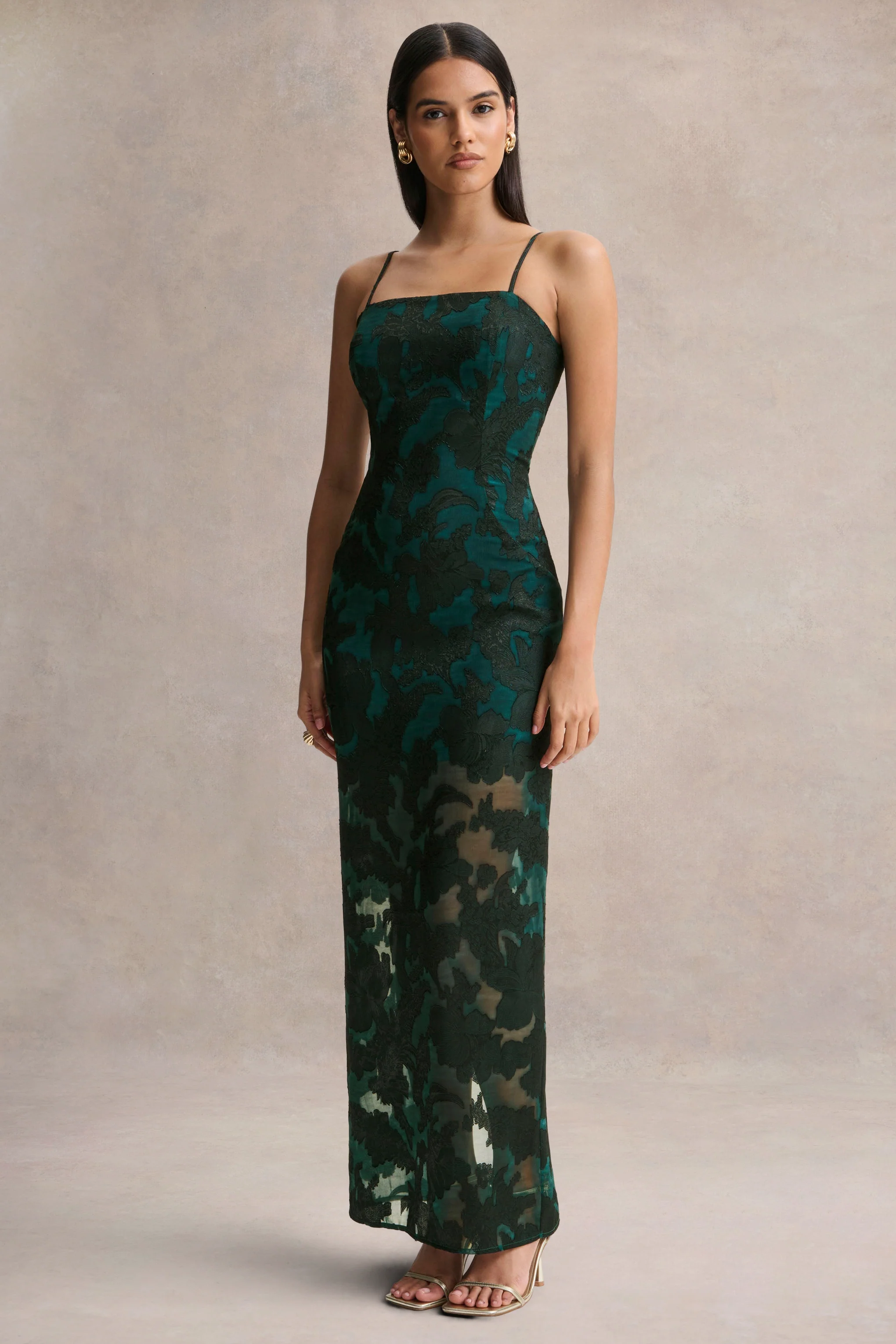 Hada | Dark Green Satin Devore Square-Neck Maxi Dress With Removable Twisted-Cape - Image 6