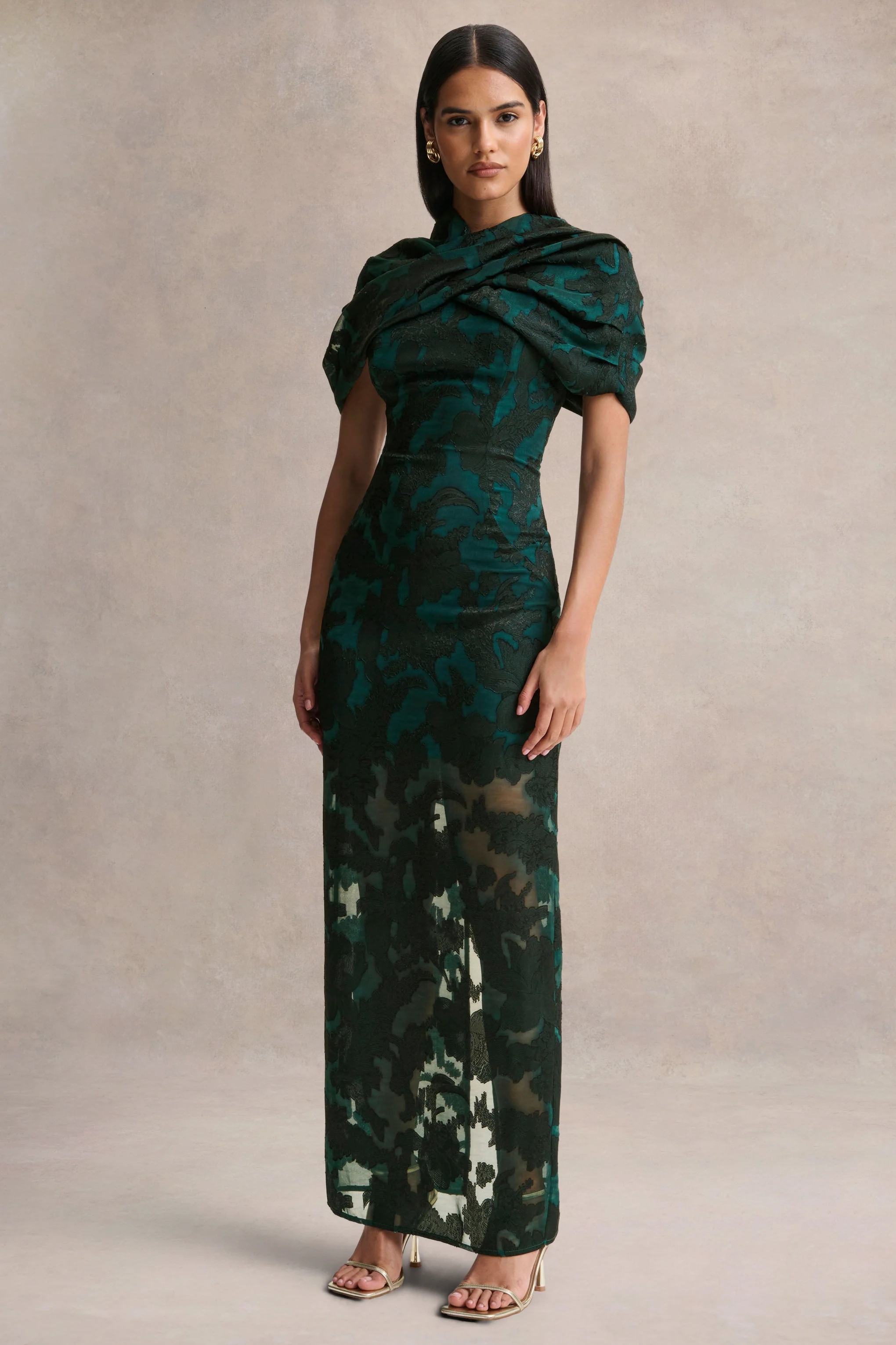 Hada | Dark Green Satin Devore Square-Neck Maxi Dress With Removable Twisted-Cape - Image 7