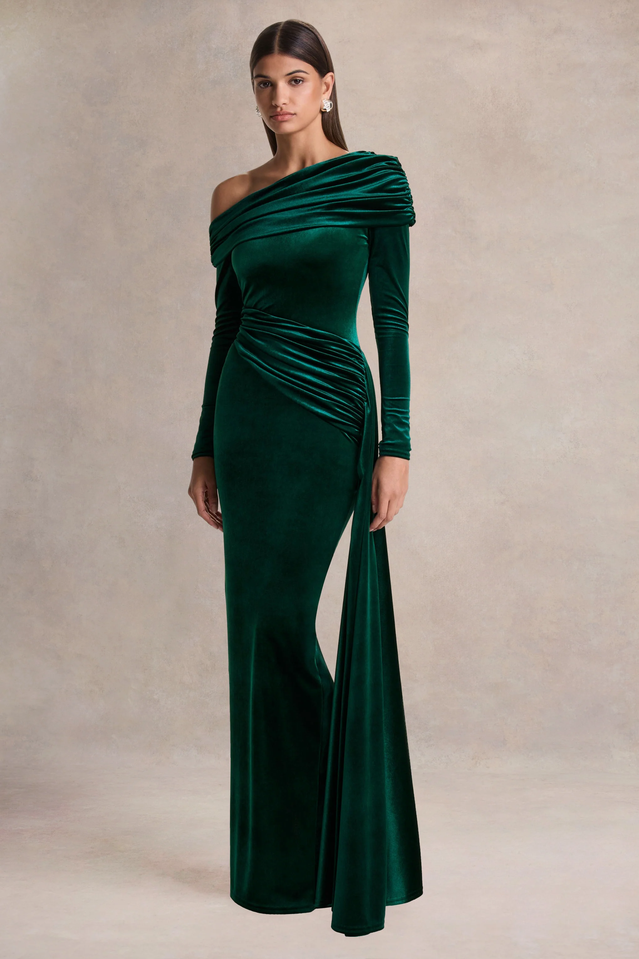 Hadria | Bottle Green Velvet Asymmetric-Neck Maxi Dress With Sash-Detail - Image 6