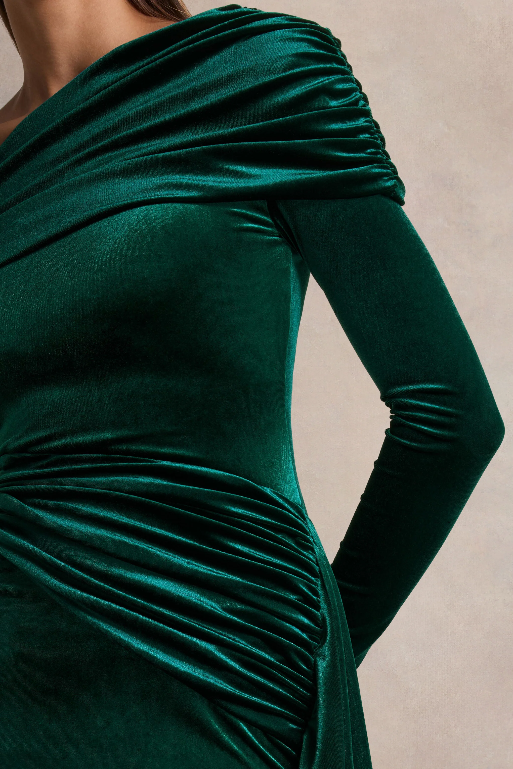 Hadria | Bottle Green Velvet Asymmetric-Neck Maxi Dress With Sash-Detail - Image 7