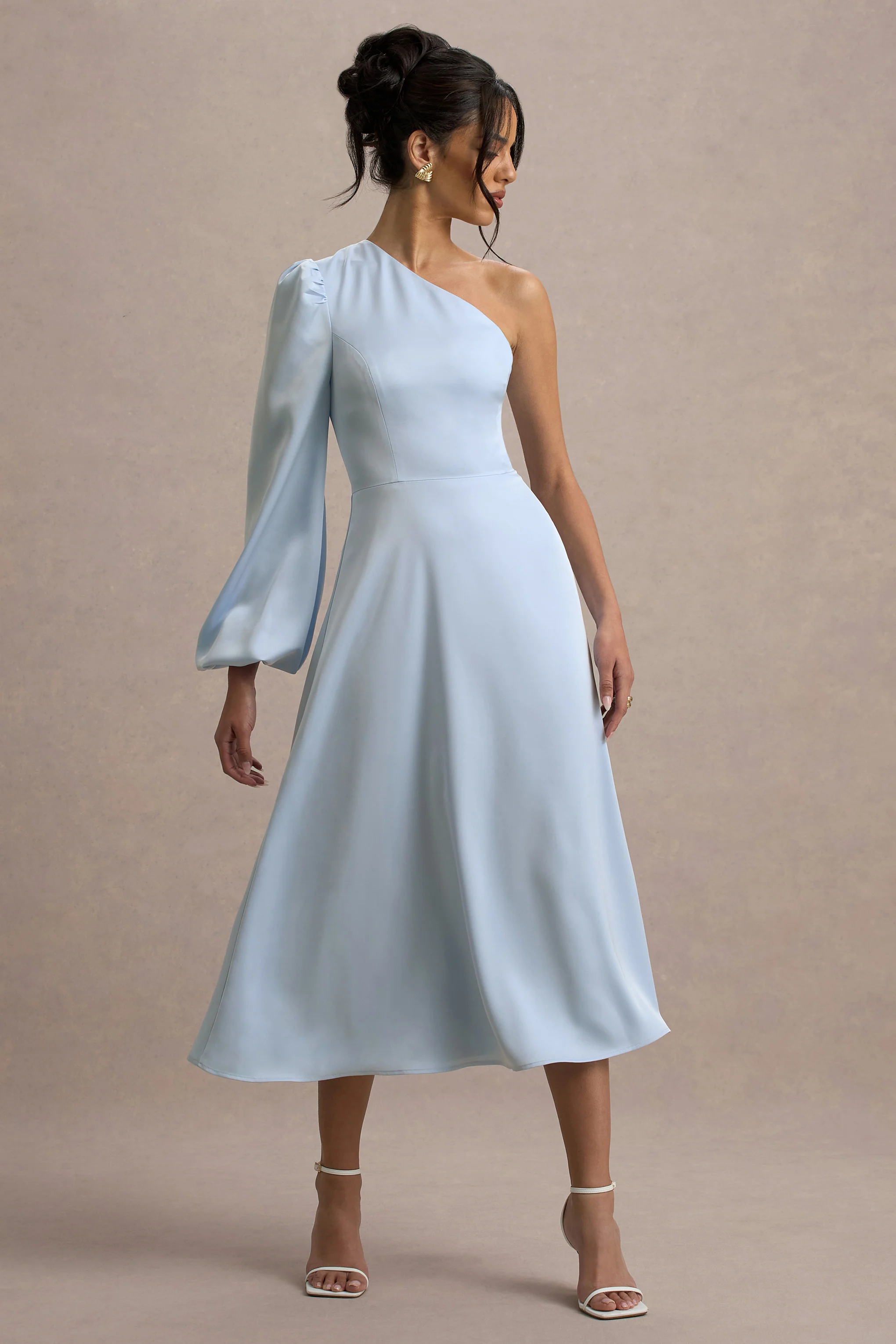 Haila | Powder Blue Satin One-Shoulder Midi Dress - Image 4