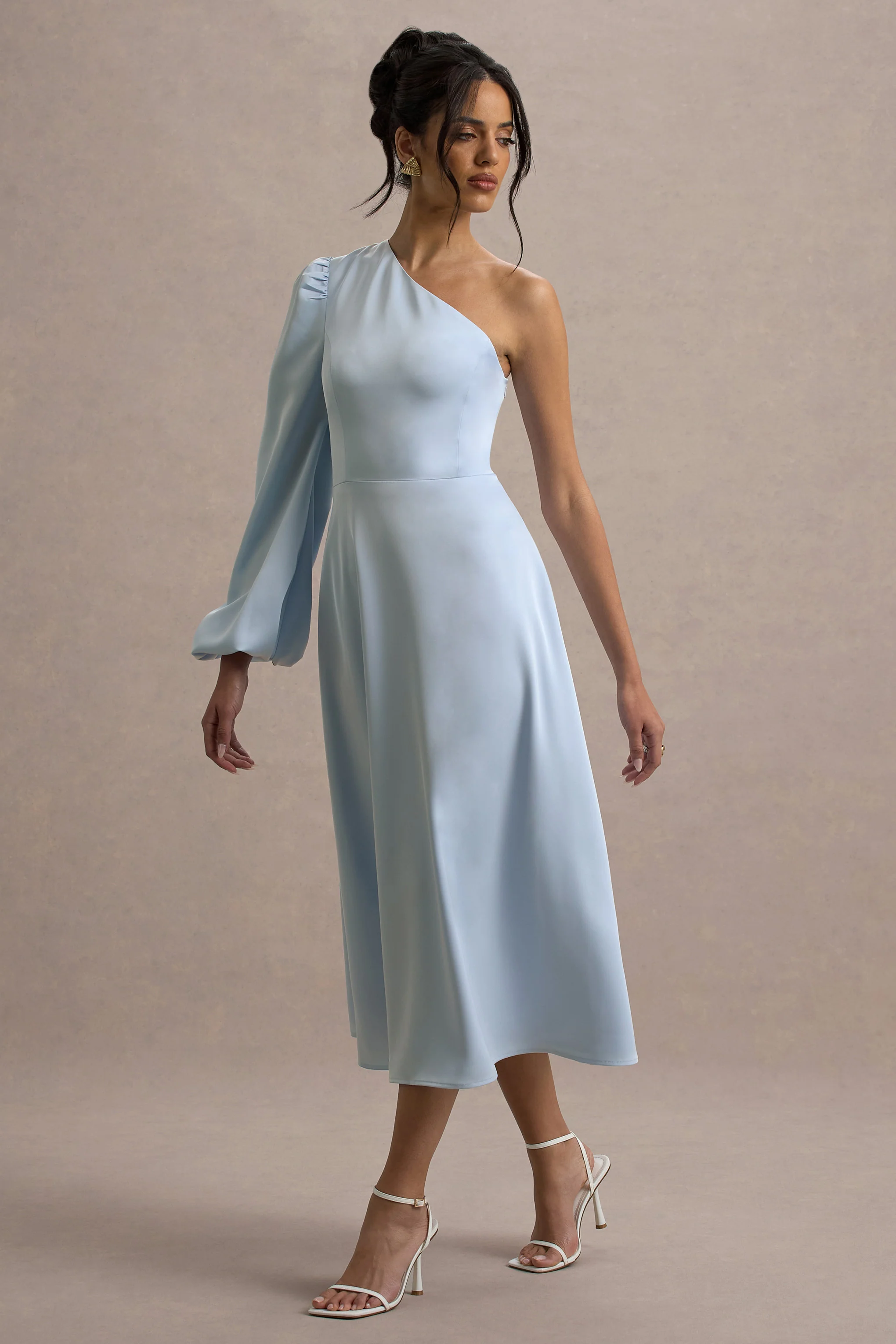 Haila | Powder Blue Satin One-Shoulder Midi Dress - Image 5