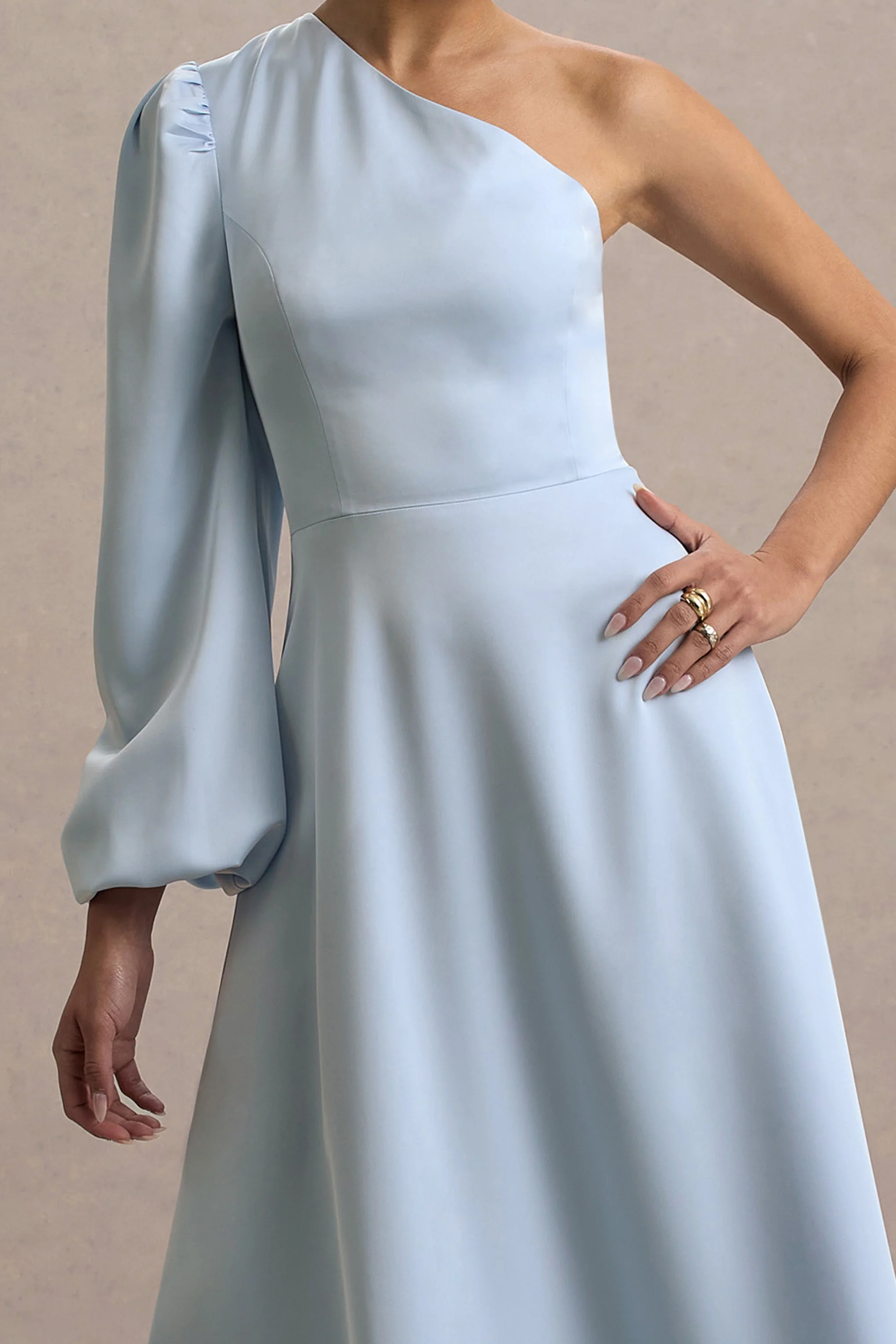 Haila | Powder Blue Satin One-Shoulder Midi Dress - Image 6