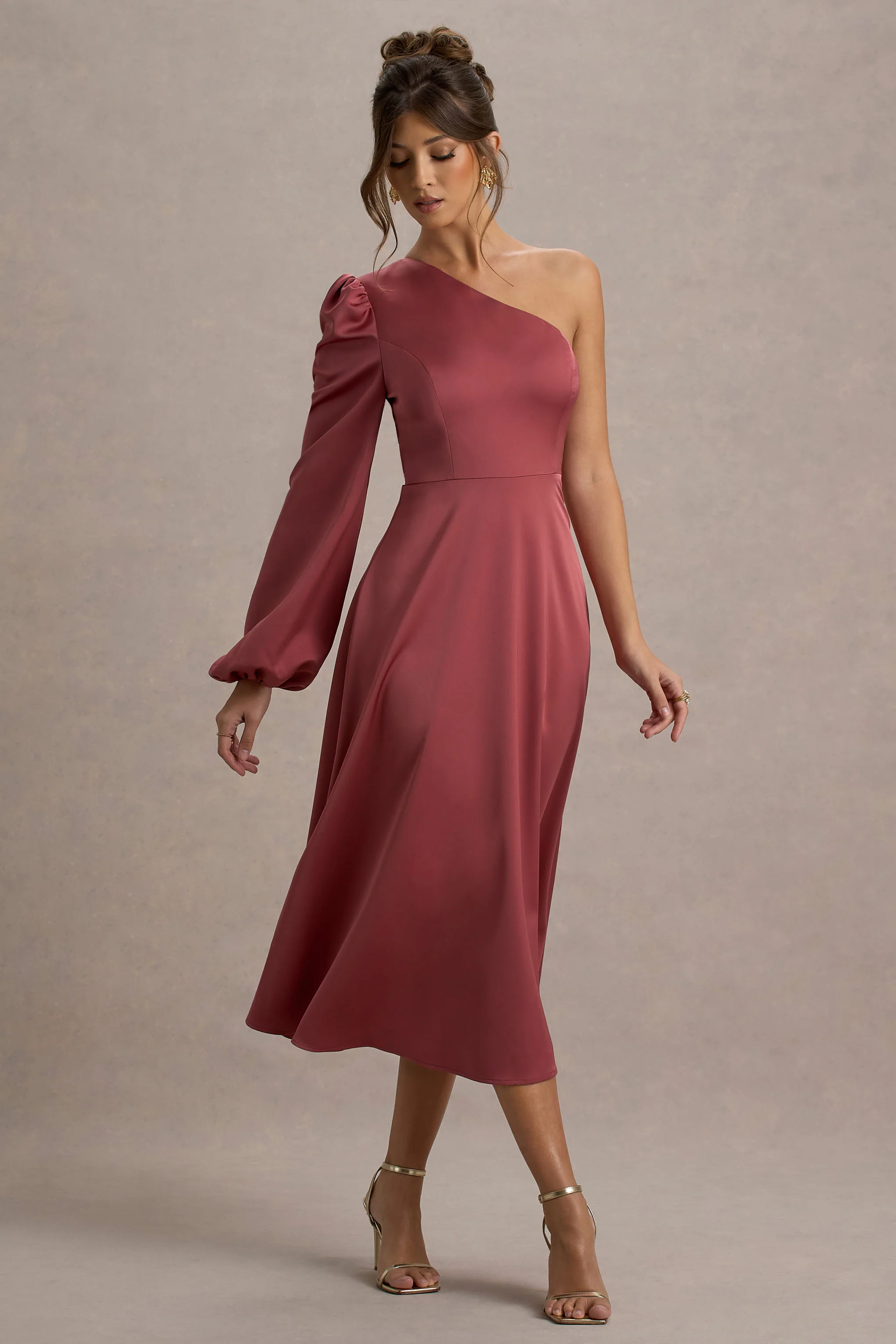 Haila | Rose Pink Satin One-Shoulder Midi Dress - Image 4
