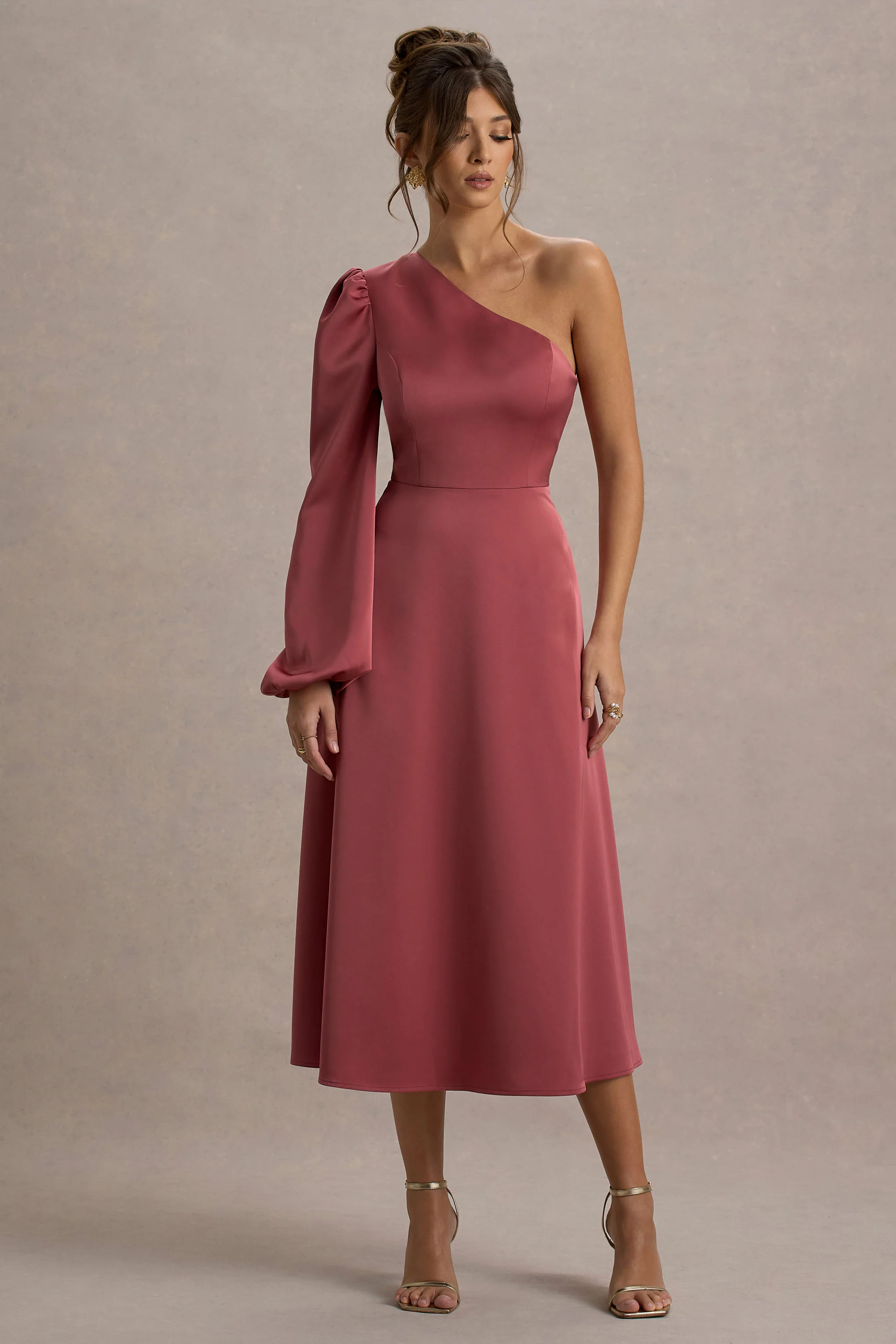 Haila | Rose Pink Satin One-Shoulder Midi Dress - Image 5