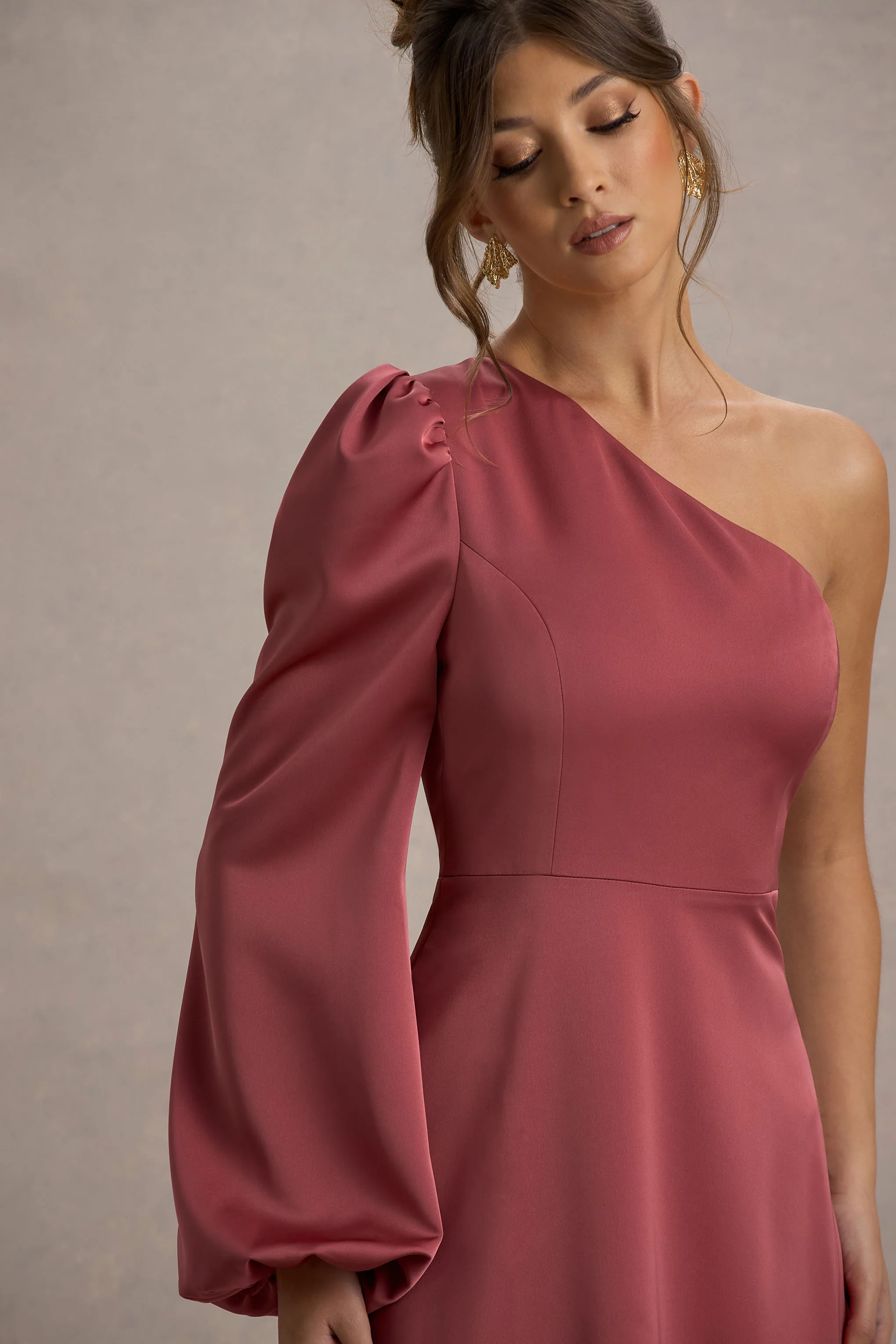 Haila | Rose Pink Satin One-Shoulder Midi Dress - Image 6