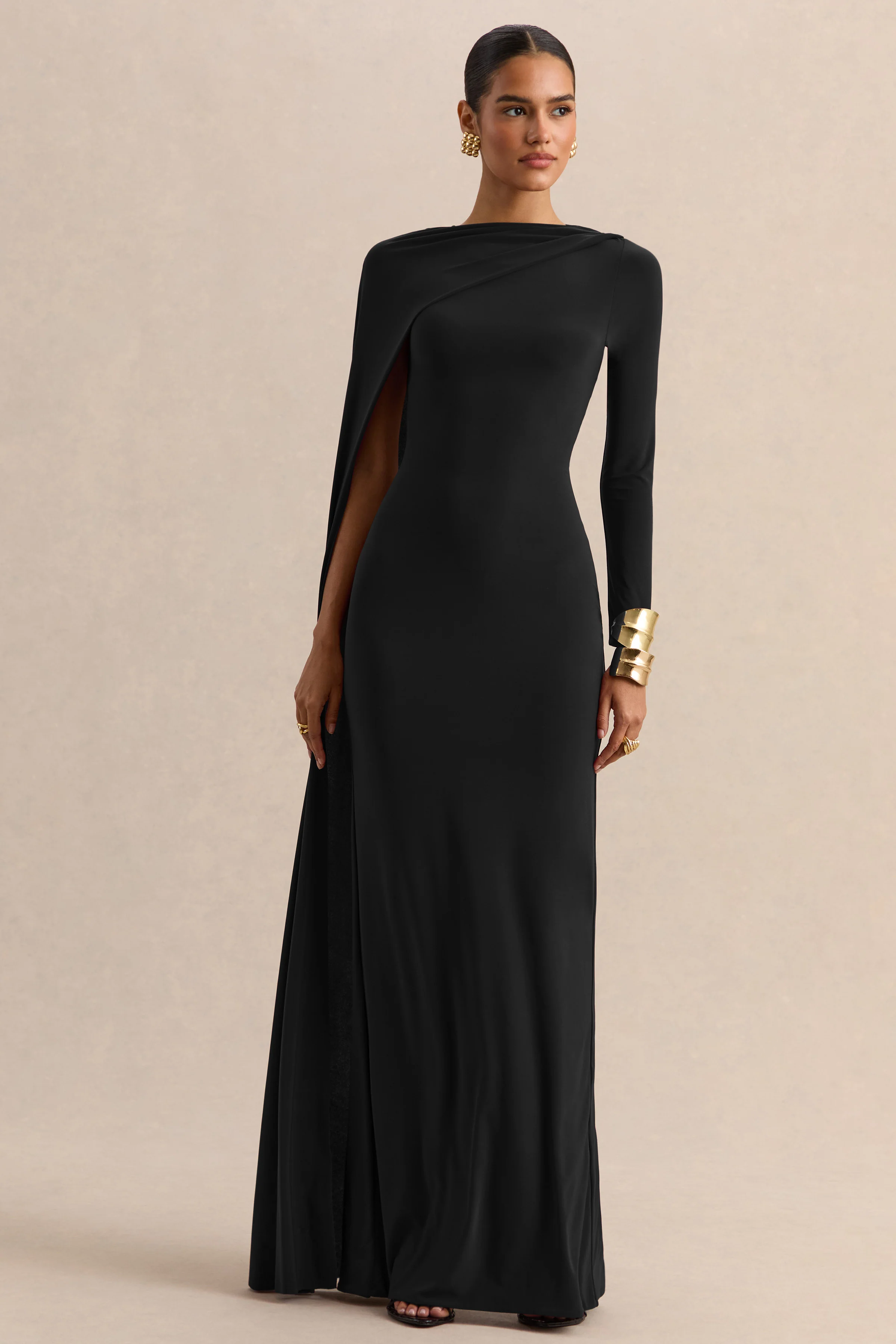 Halina | Black High-Neck Maxi Dress With Cape-Sleeve - Image 3