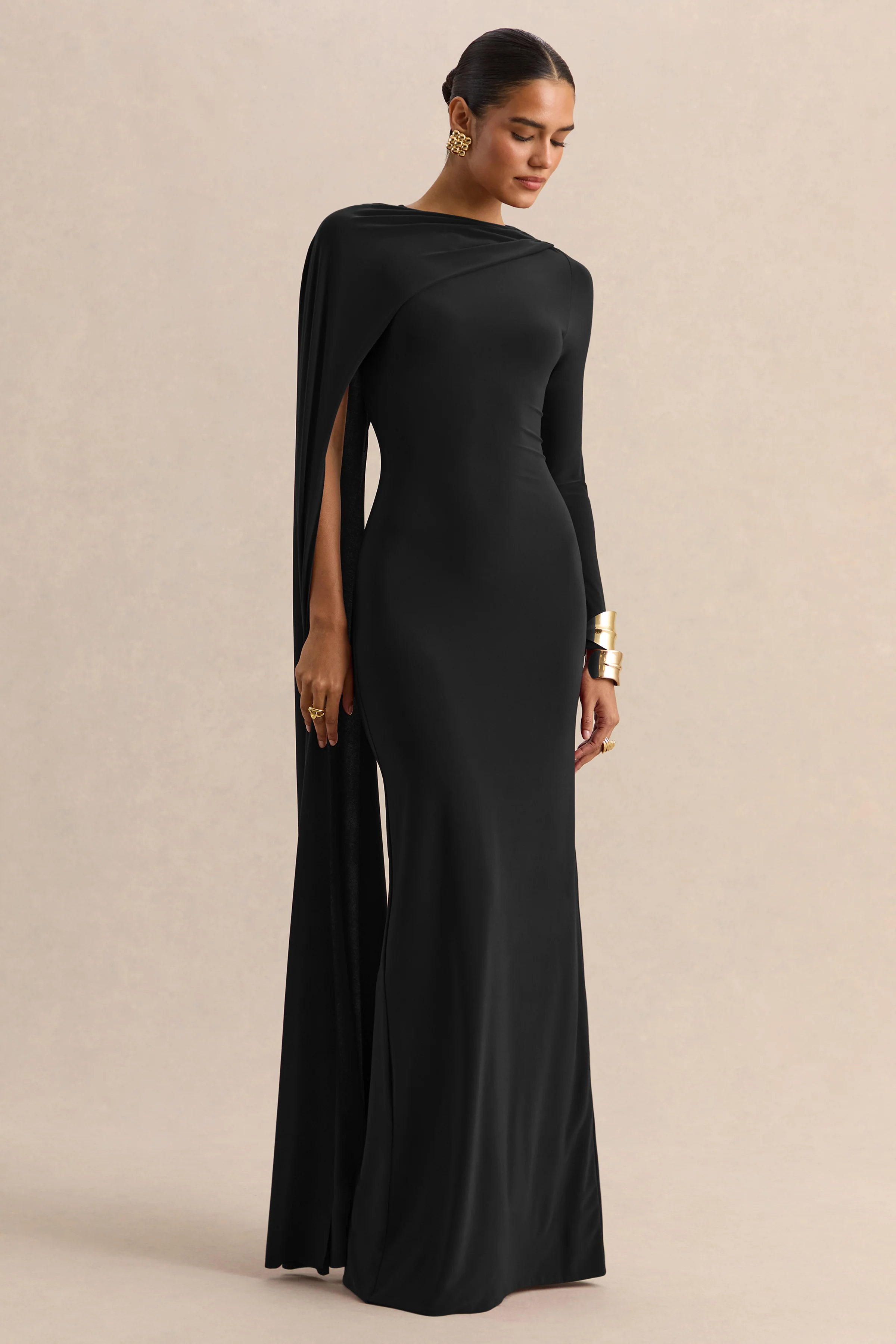 Halina | Black High-Neck Maxi Dress With Cape-Sleeve - Image 4