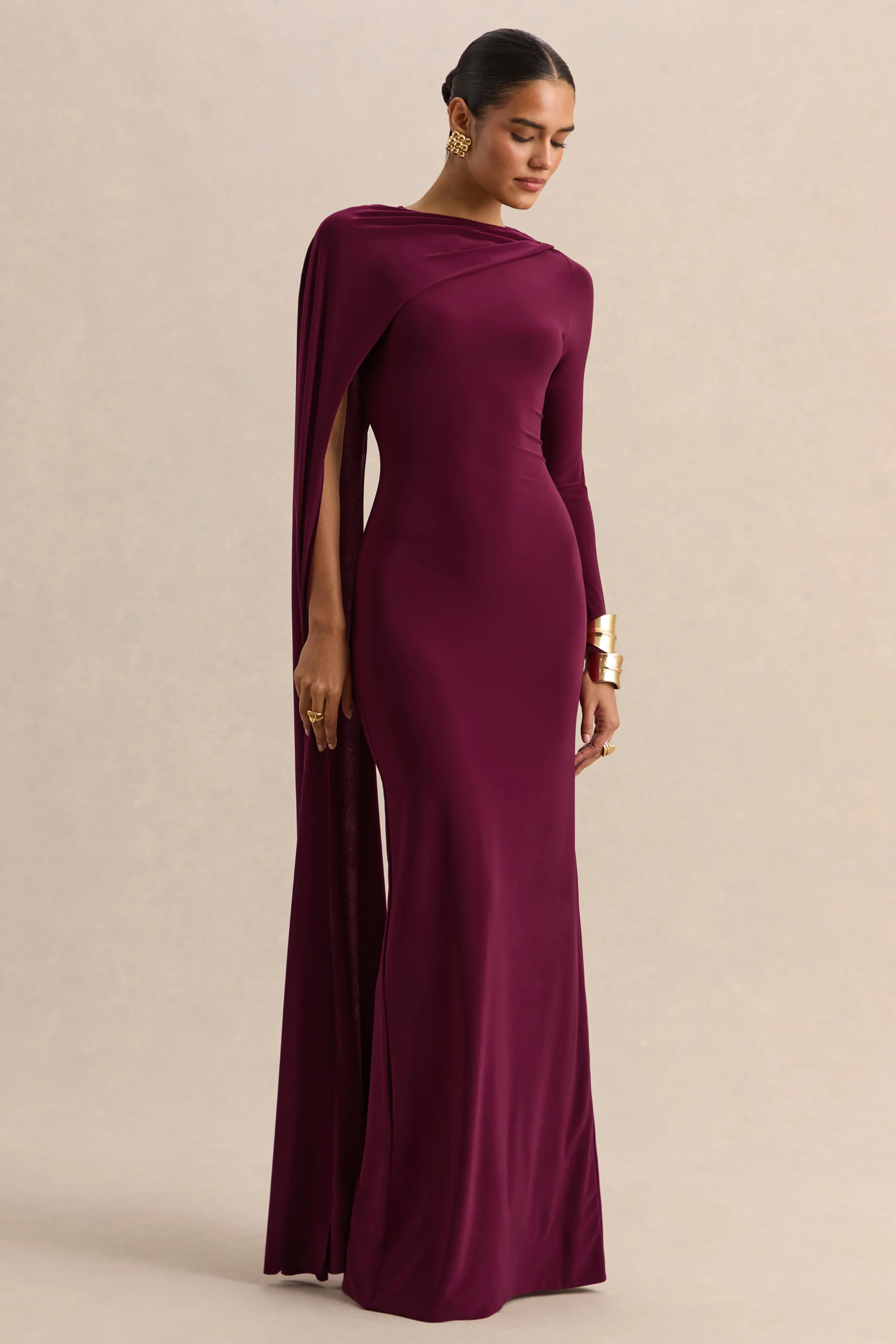Halina | Burgundy High-Neck Maxi Dress With Cape-Sleeve - Image 2