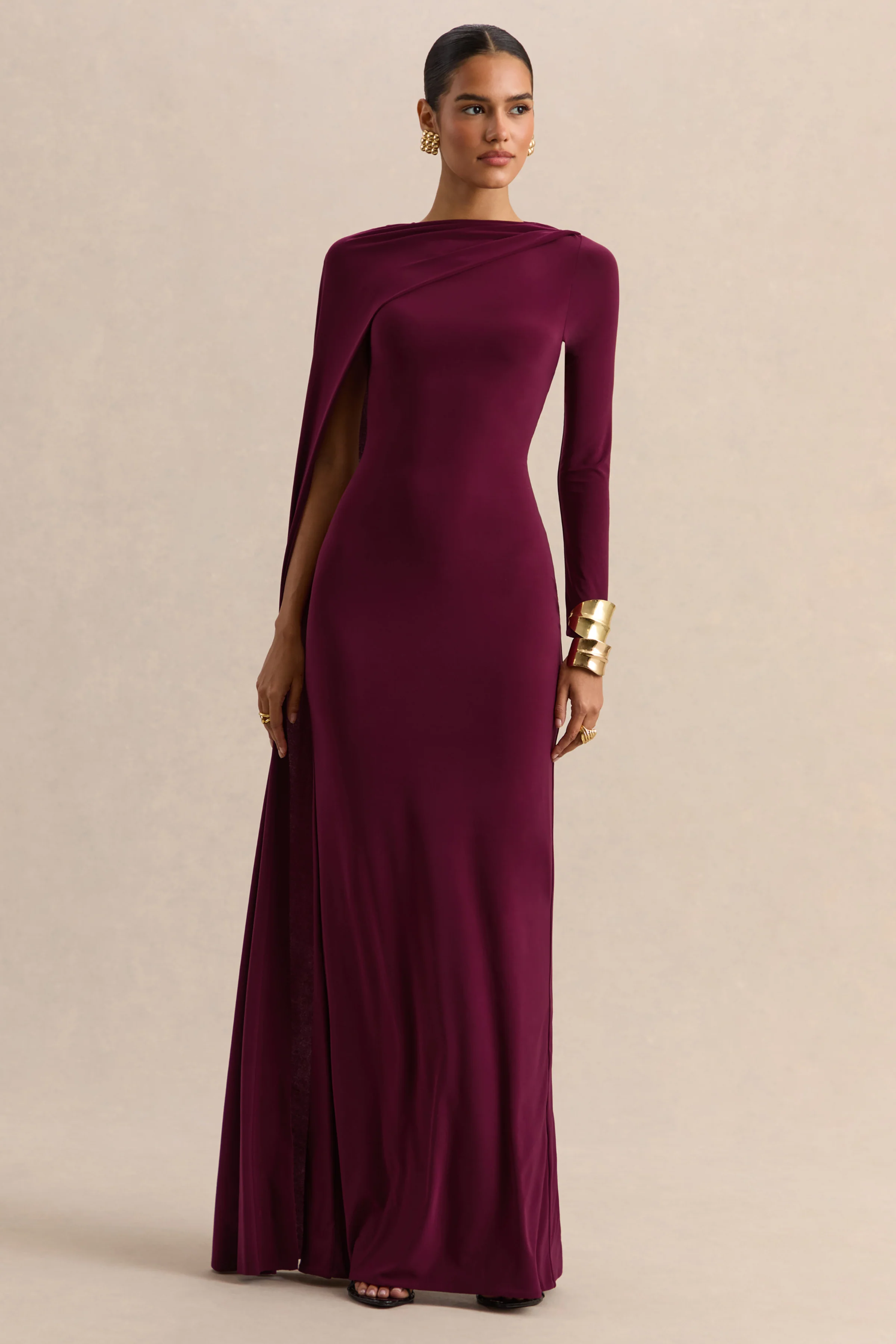 Halina | Burgundy High-Neck Maxi Dress With Cape-Sleeve - Image 4