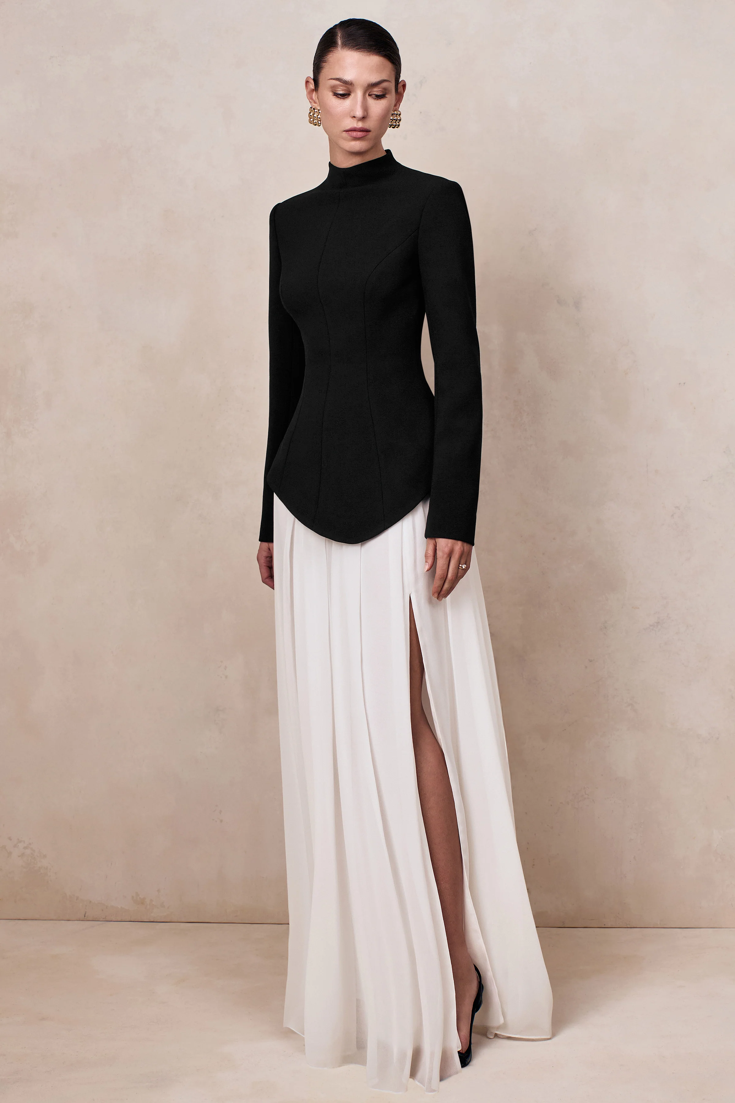 Halma | Black & White High-Neck Maxi Dress With Drop-Waist - Image 5
