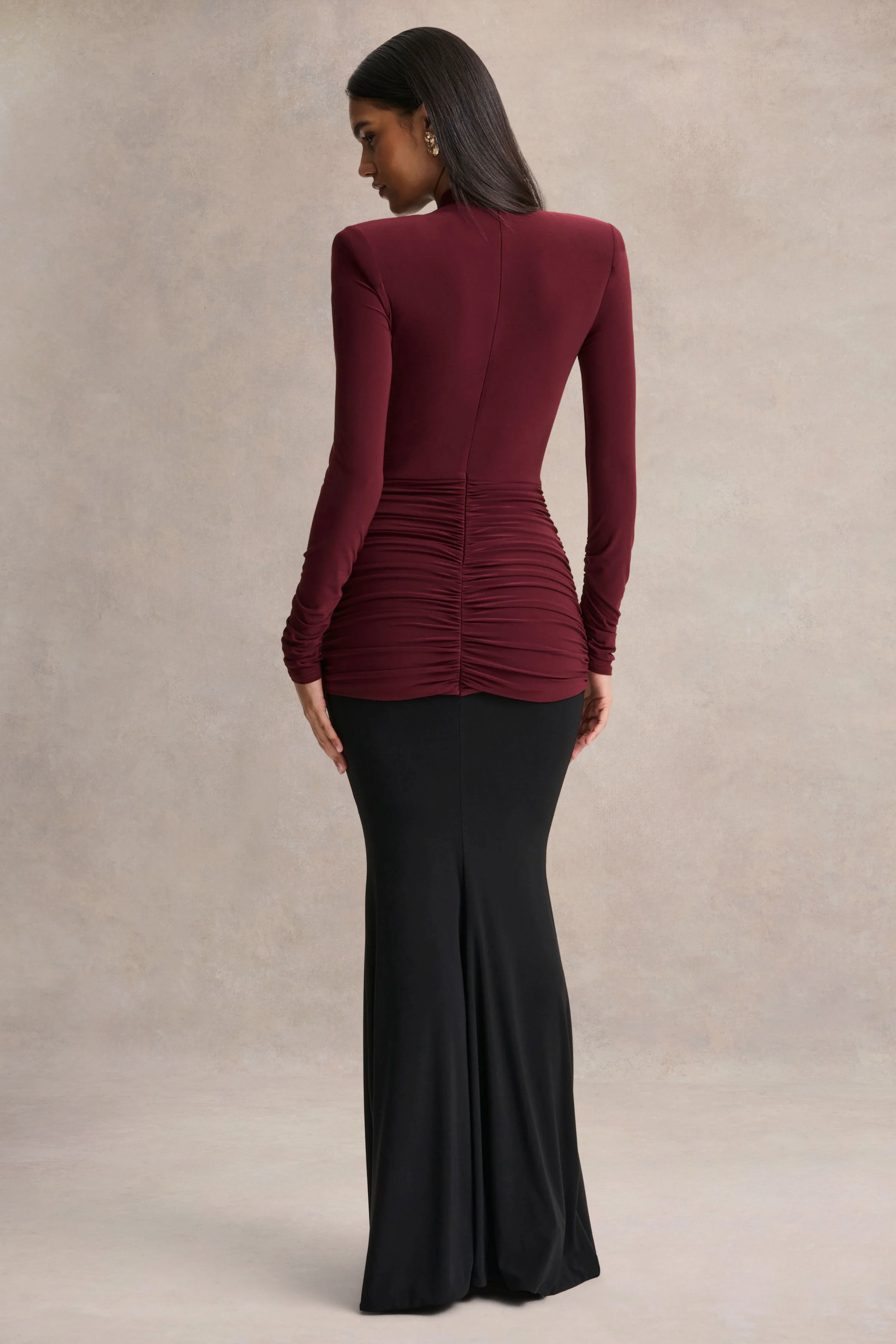 Halston | Burgundy And Black Plunge-Neck Maxi Dress With Gathered-Detailing - Image 2