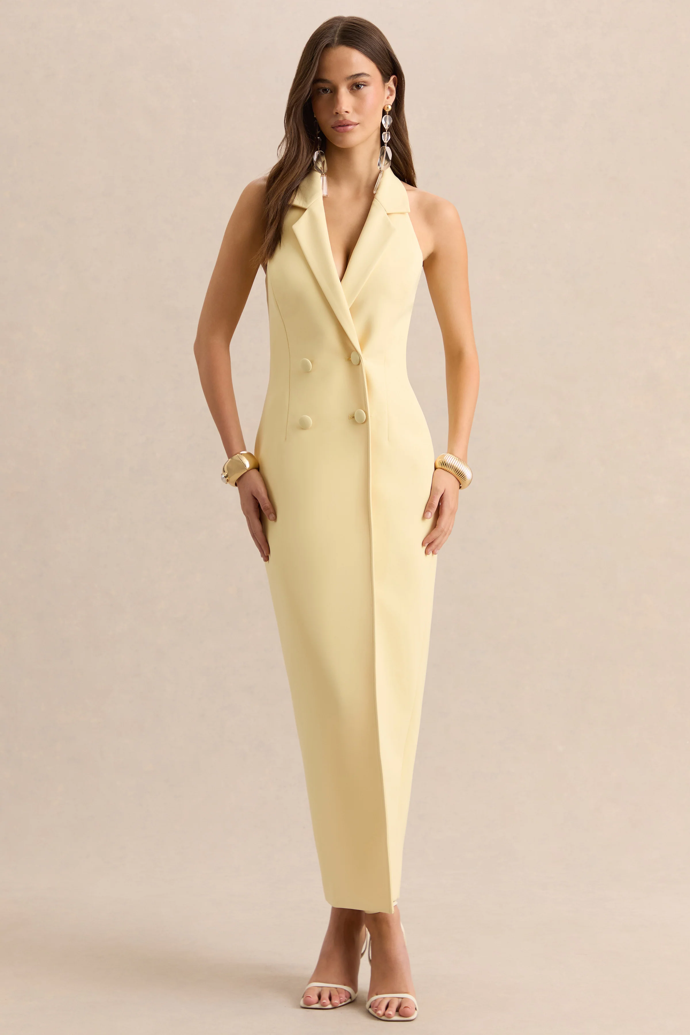 Hana | Lemon Plunge-Neck Tailored Maxi Dress