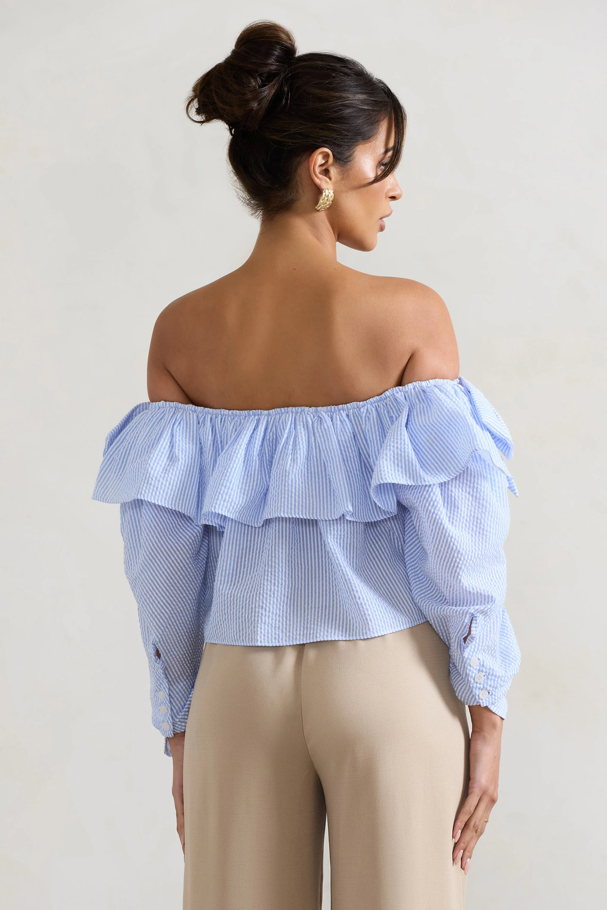 Harbour | Blue Pinstripe Bardot Puff-Sleeve Top With Bows - Image 2
