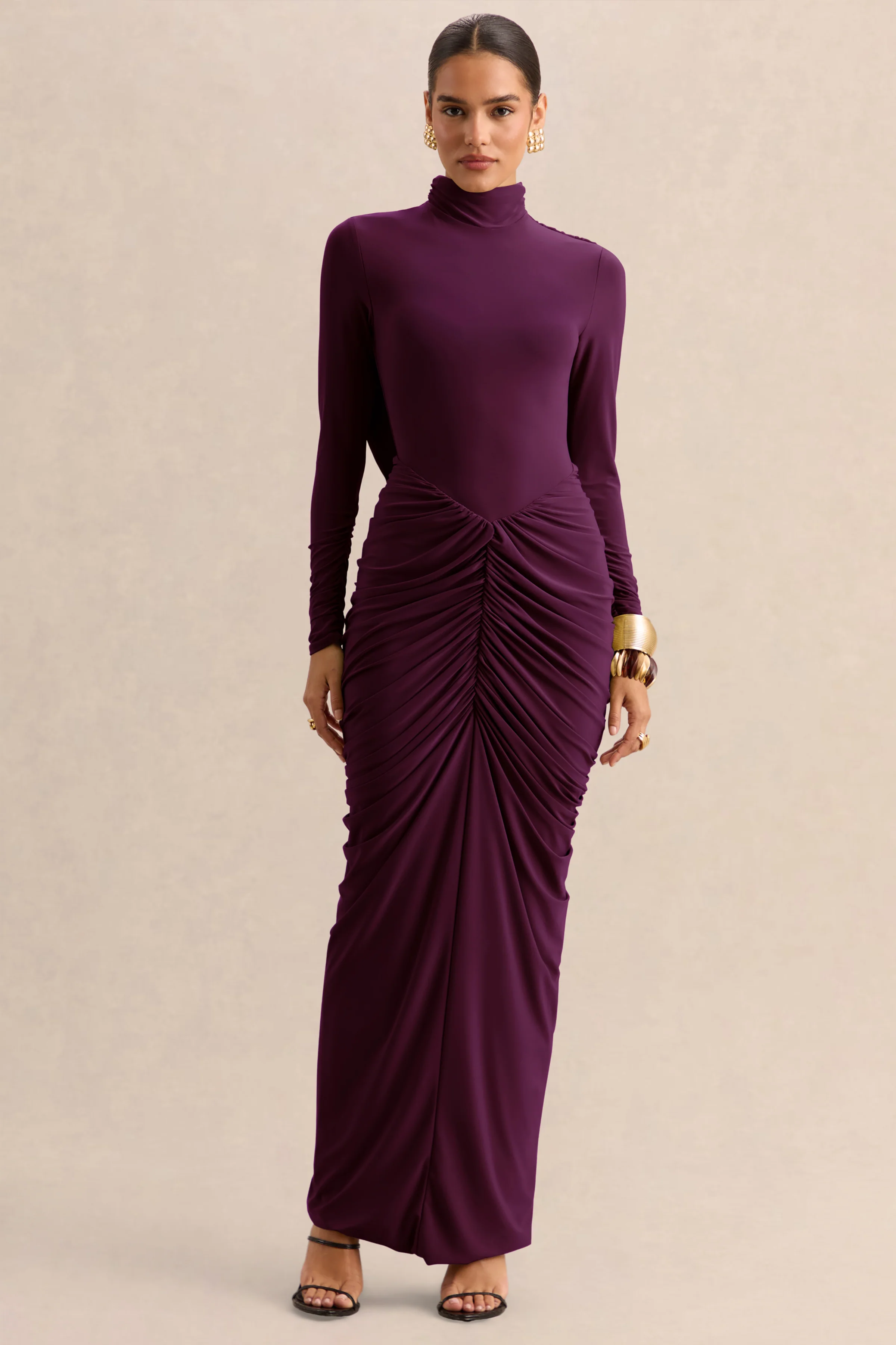 Harmona | Dark Plum High-Neck Maxi Dress With Gathered And Draped-Detailing - Image 4