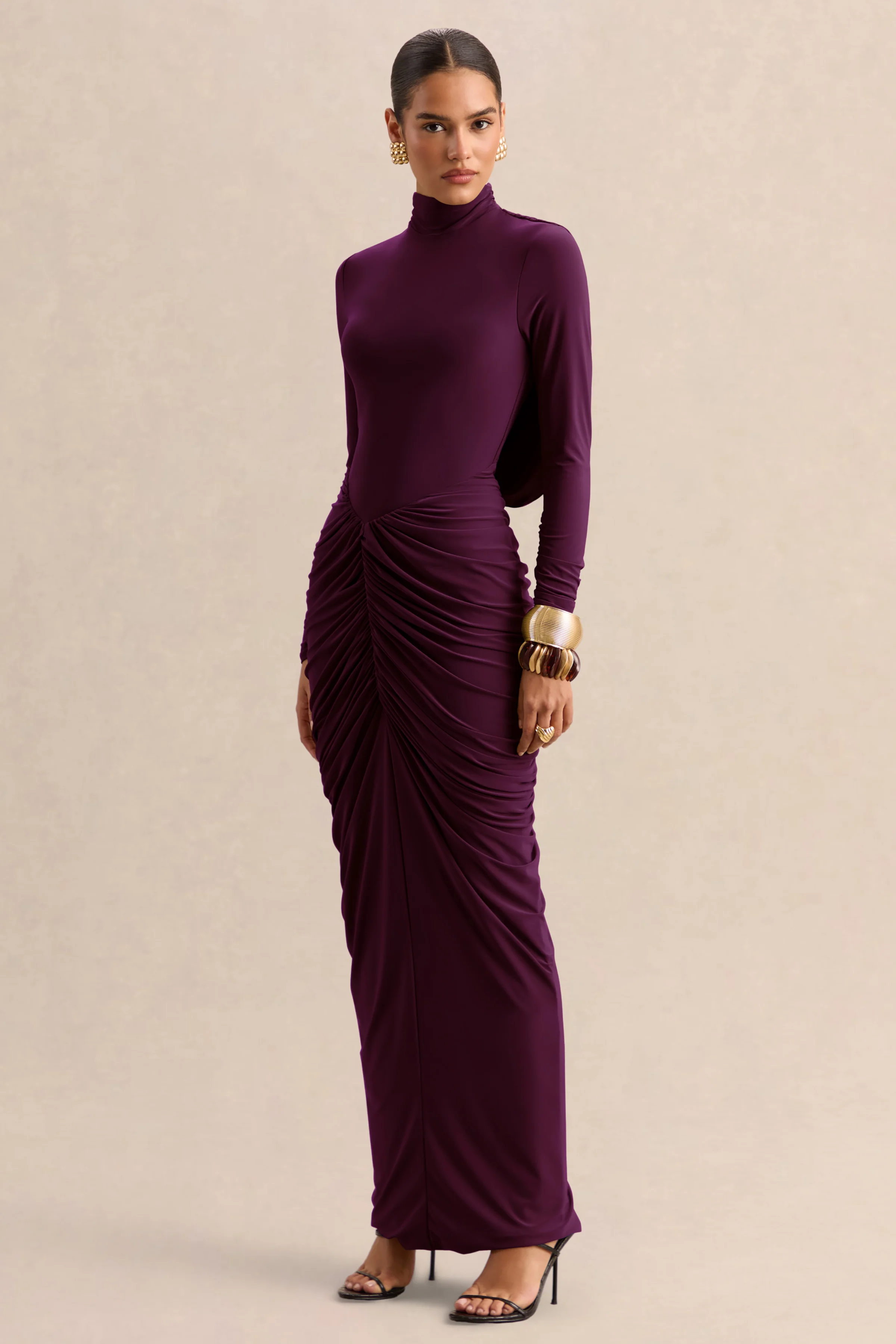 Harmona | Dark Plum High-Neck Maxi Dress With Gathered And Draped-Detailing - Image 5