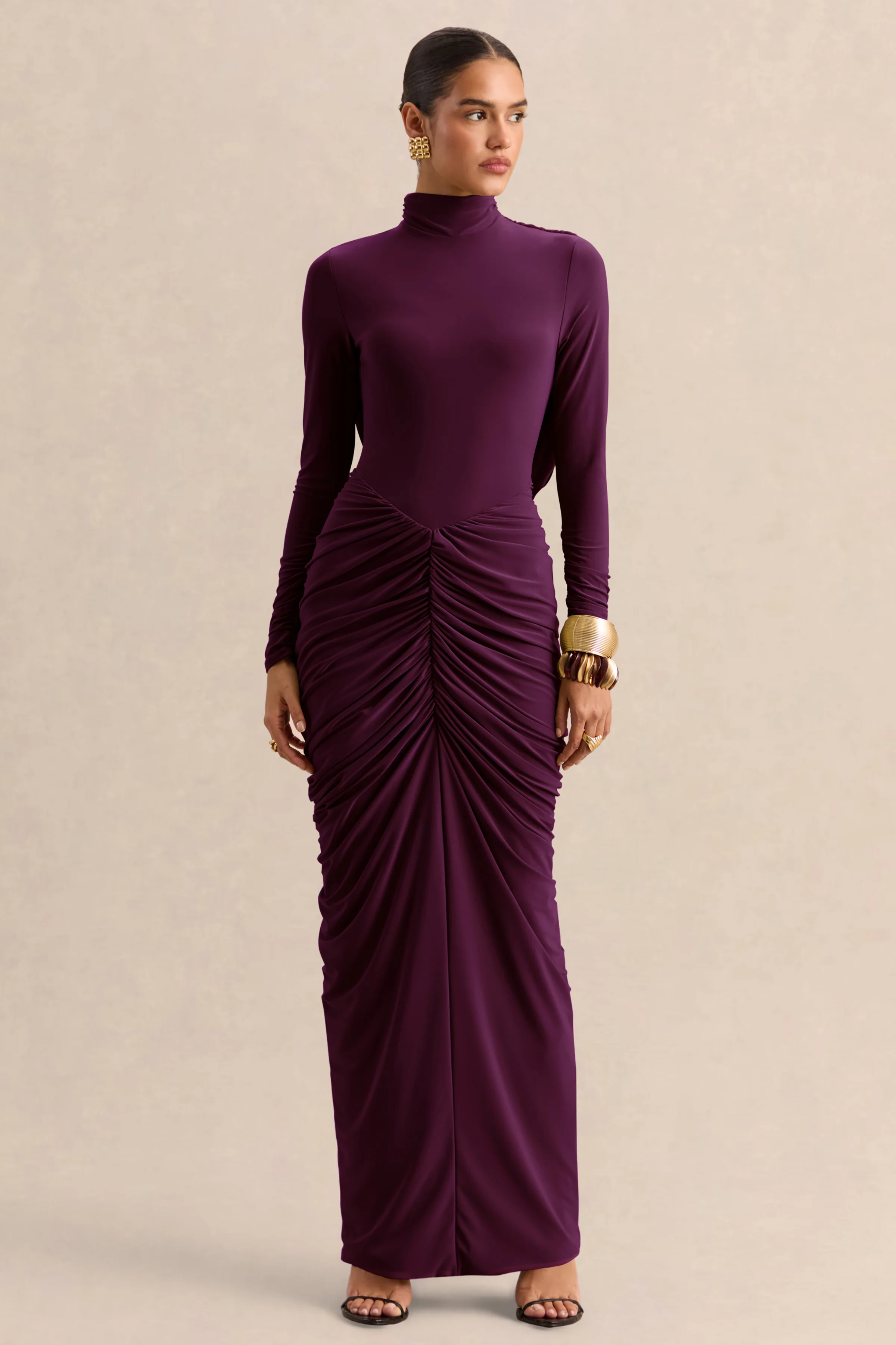 Harmona | Dark Plum High-Neck Maxi Dress With Gathered And Draped-Detailing - Image 7