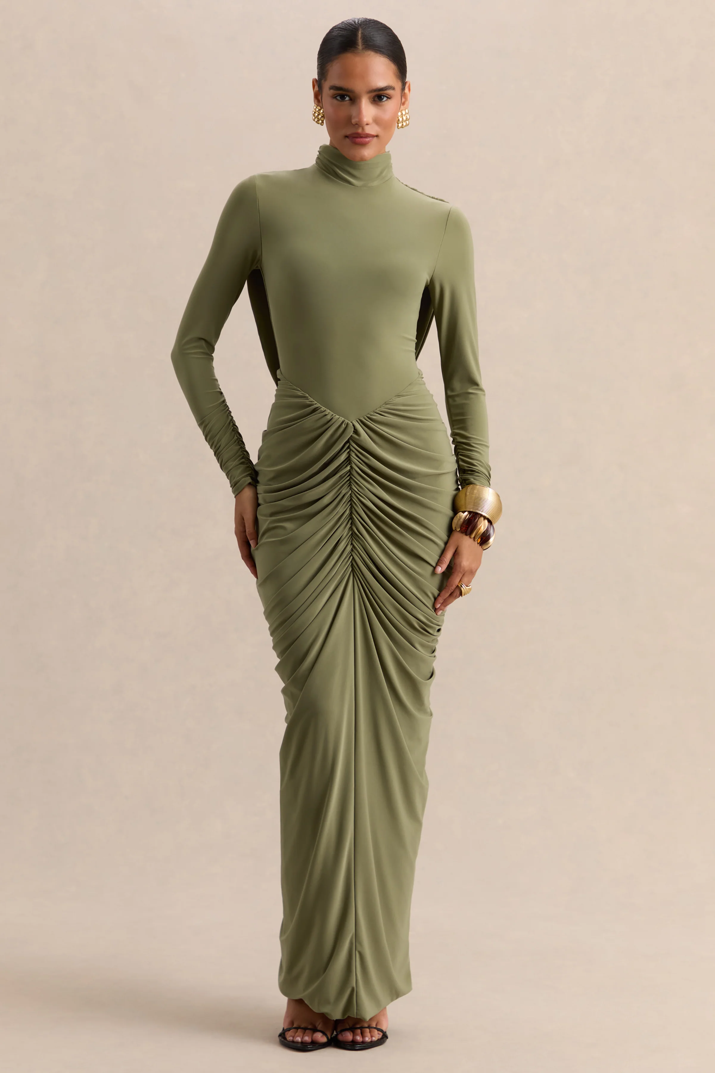 Harmona | Olive High-Neck Maxi Dress With Gathered And Draped-Detailing