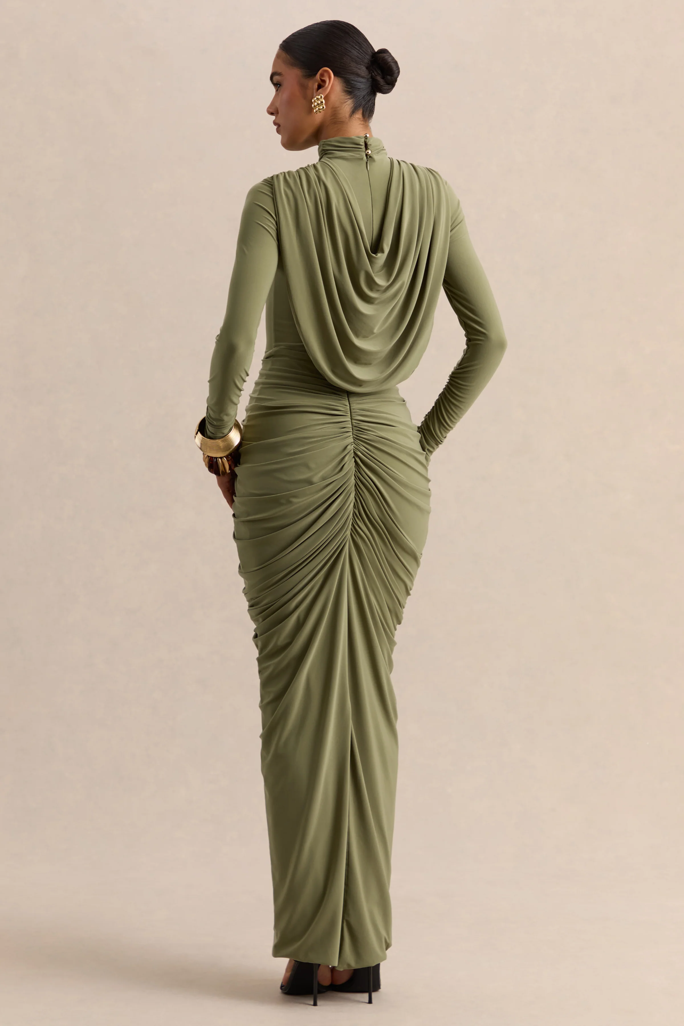 Harmona | Olive High-Neck Maxi Dress With Gathered And Draped-Detailing - Image 2