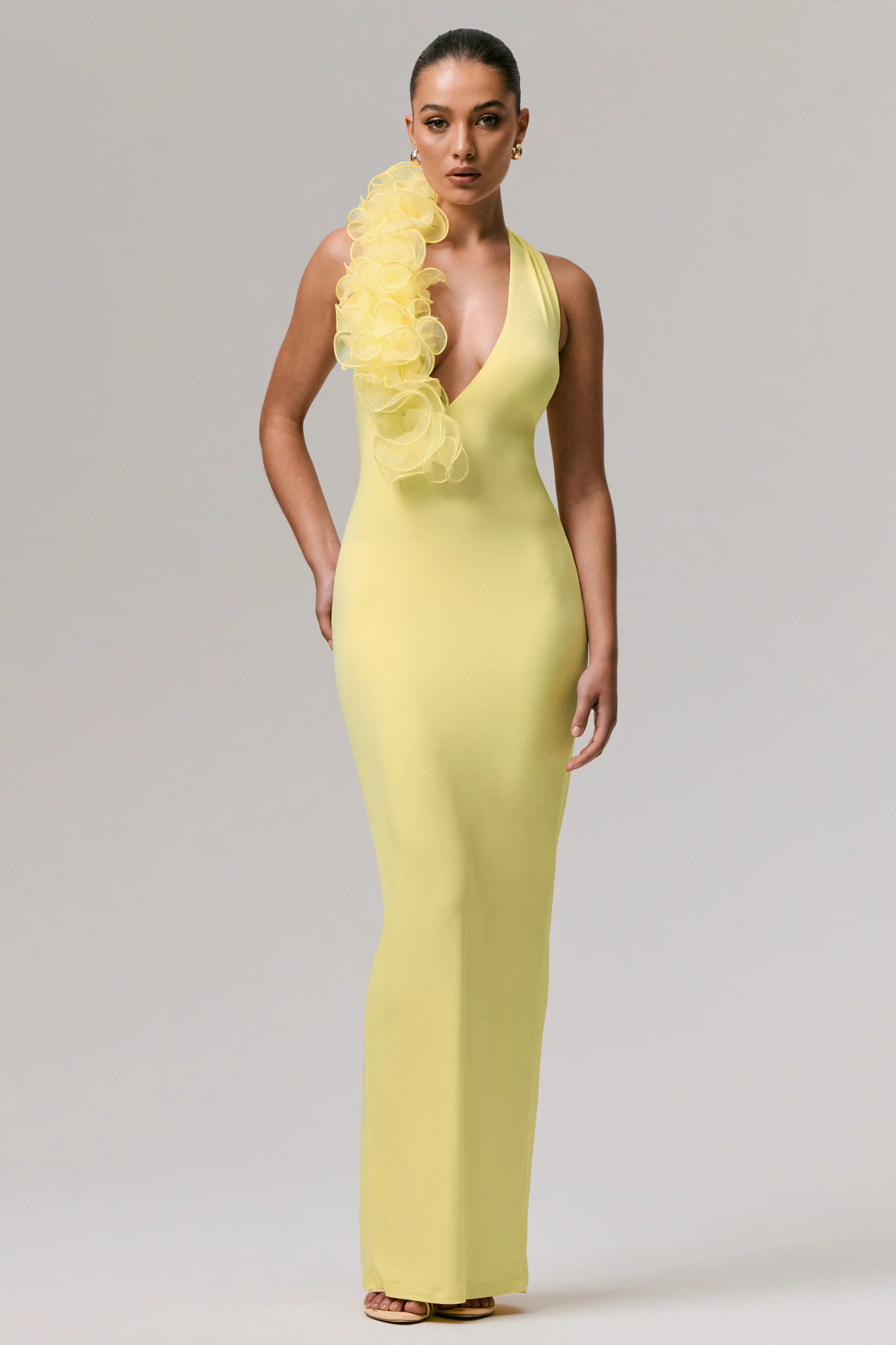 Harriet | Lemon Plunge-Neck Maxi Dress With Floral Detail - Image 3