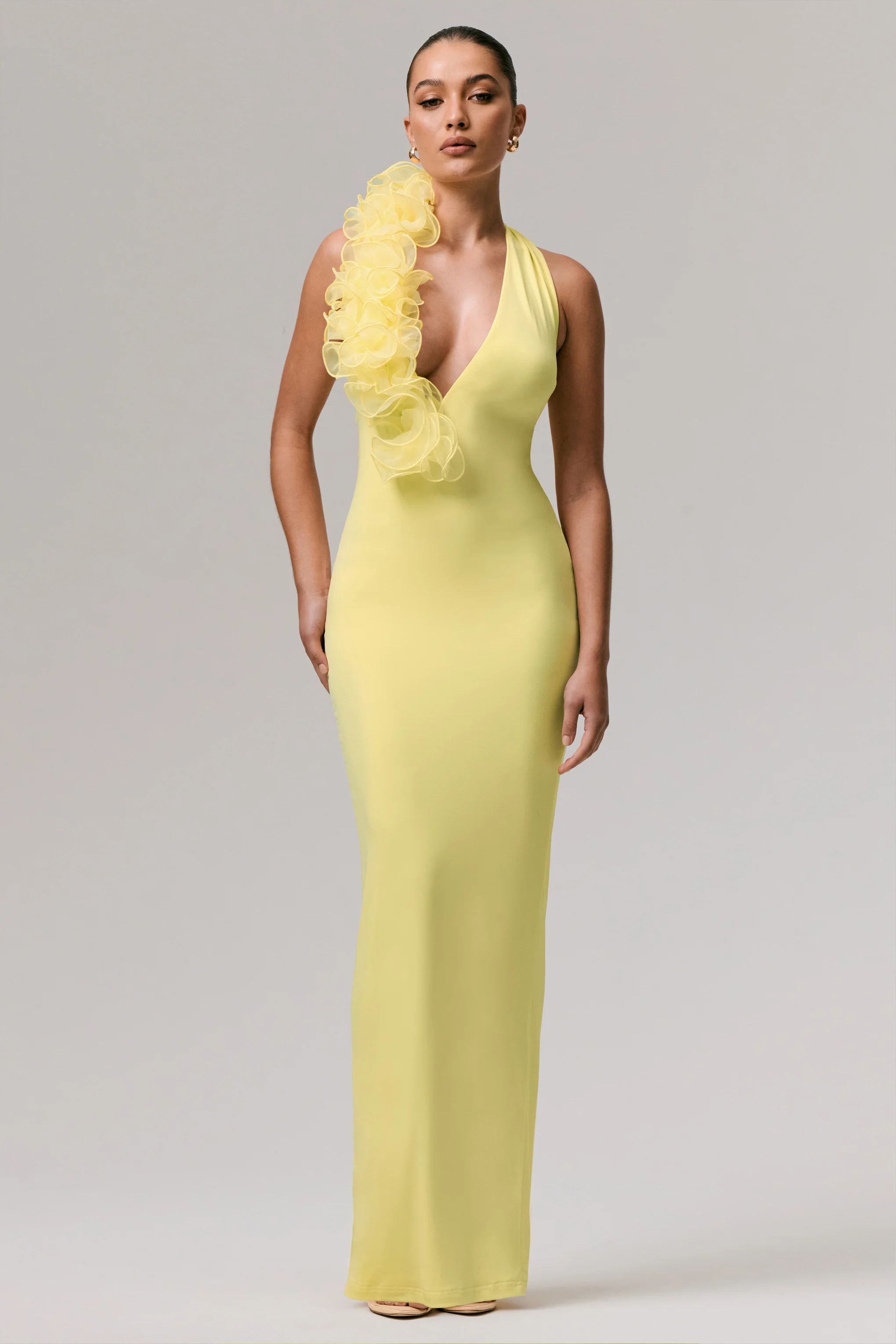 Harriet | Lemon Plunge-Neck Maxi Dress With Floral Detail - Image 4