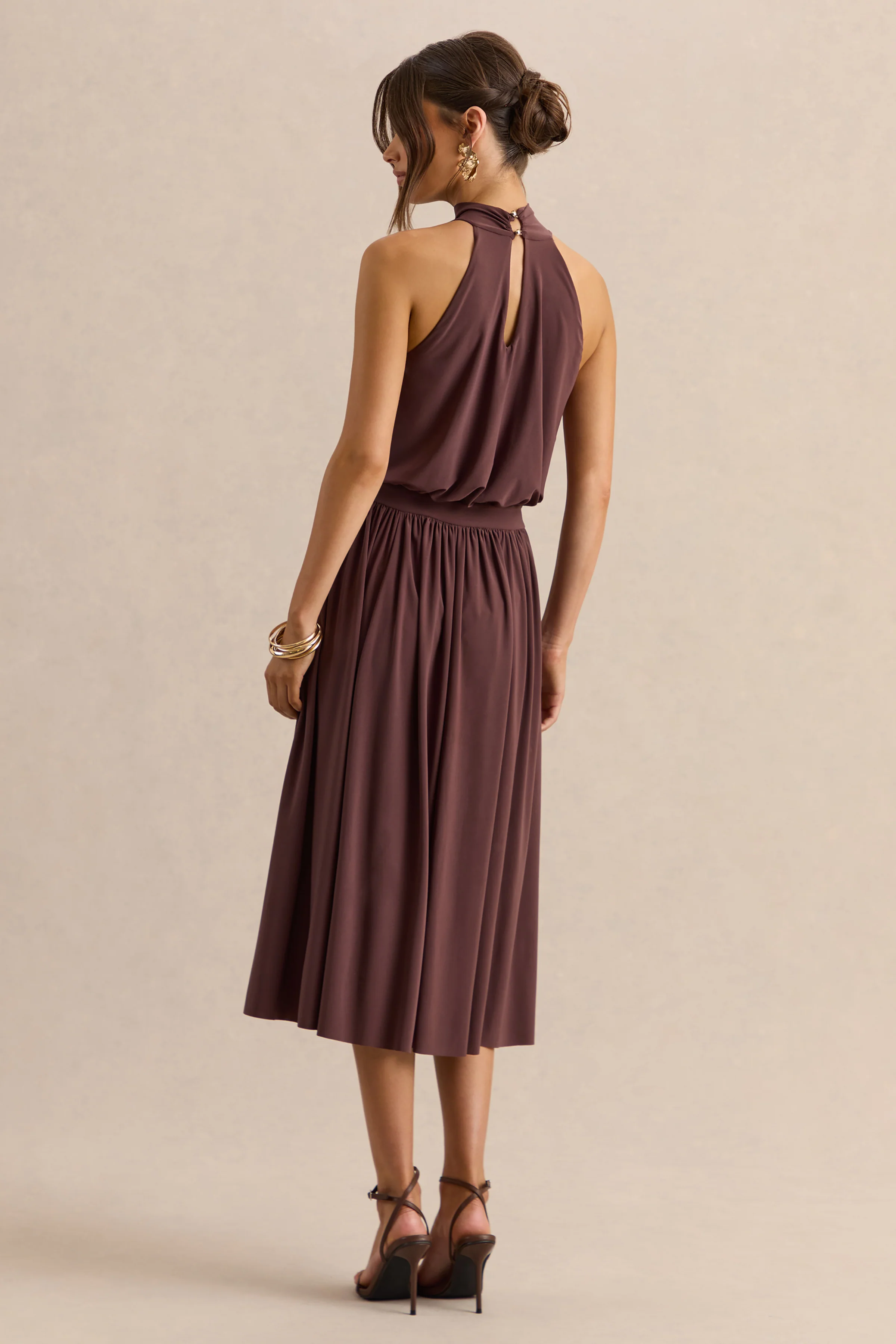 Hedira | Brown High-Neck Midi Dress - Image 2