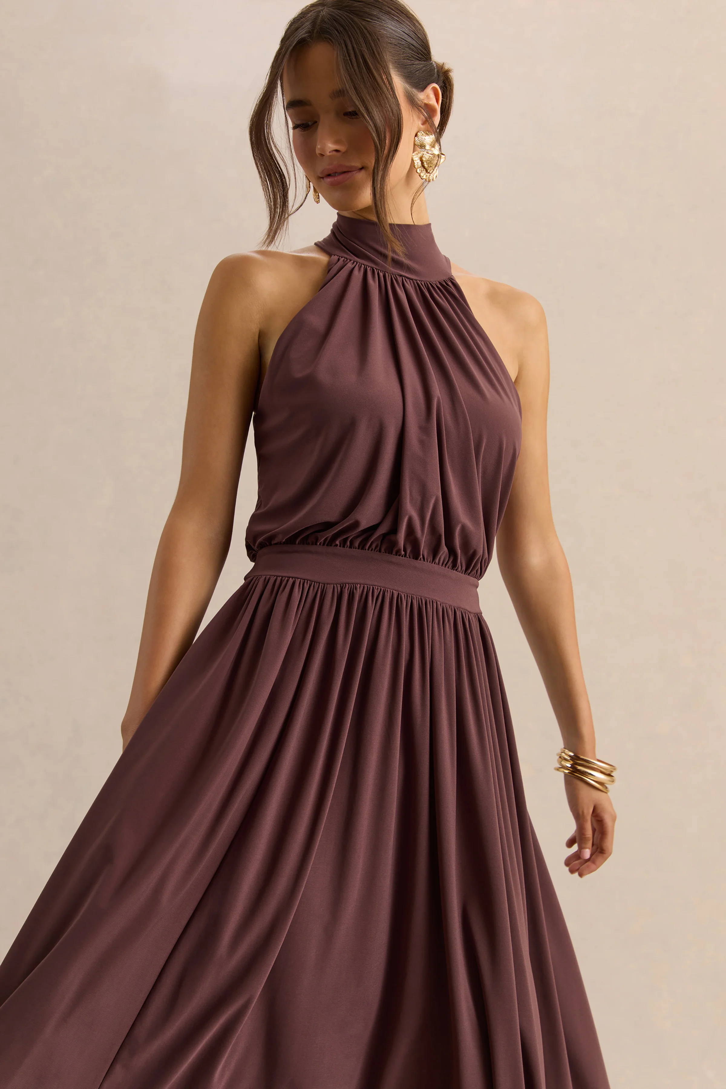 Hedira | Brown High-Neck Midi Dress - Image 3