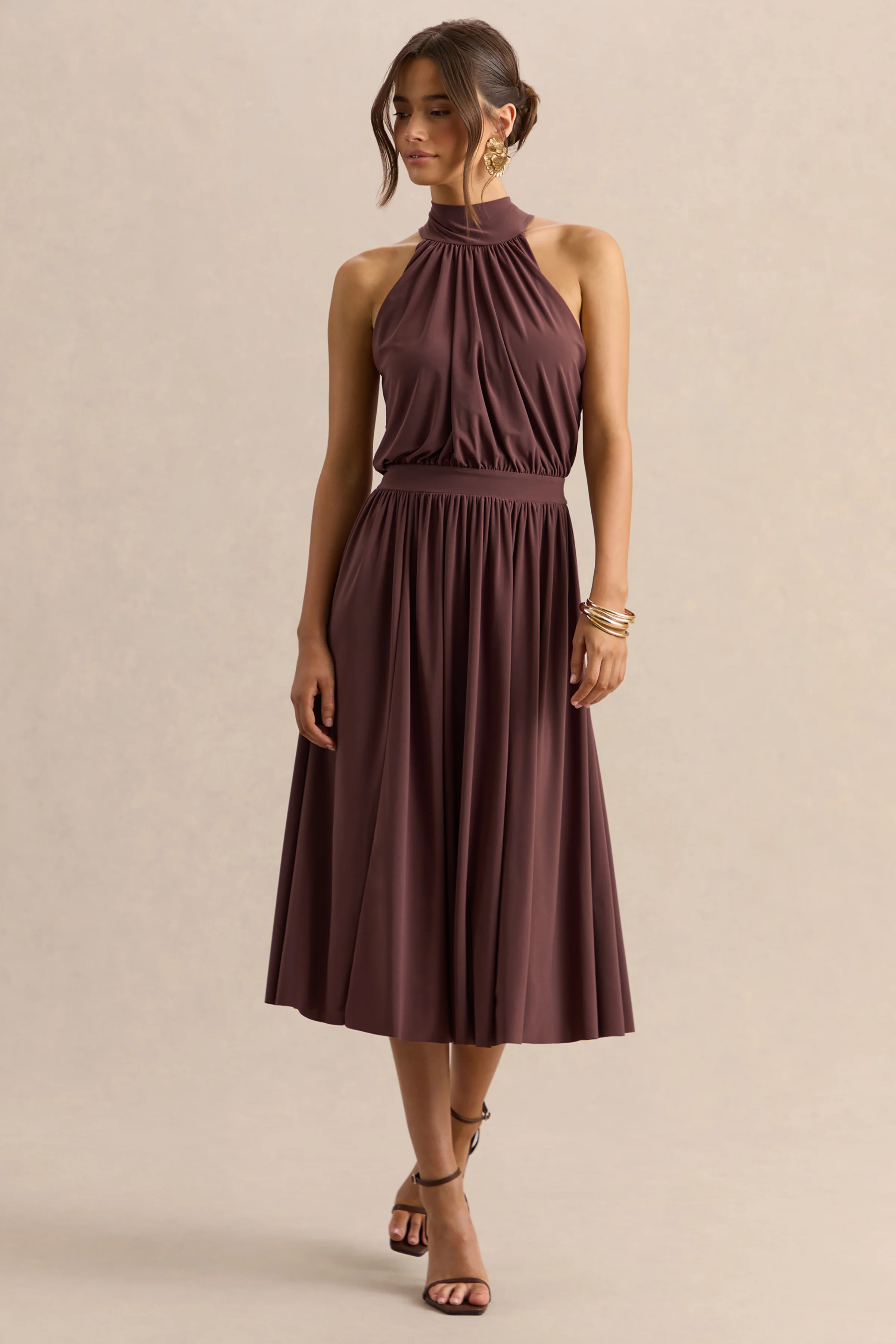 Hedira | Brown High-Neck Midi Dress - Image 4