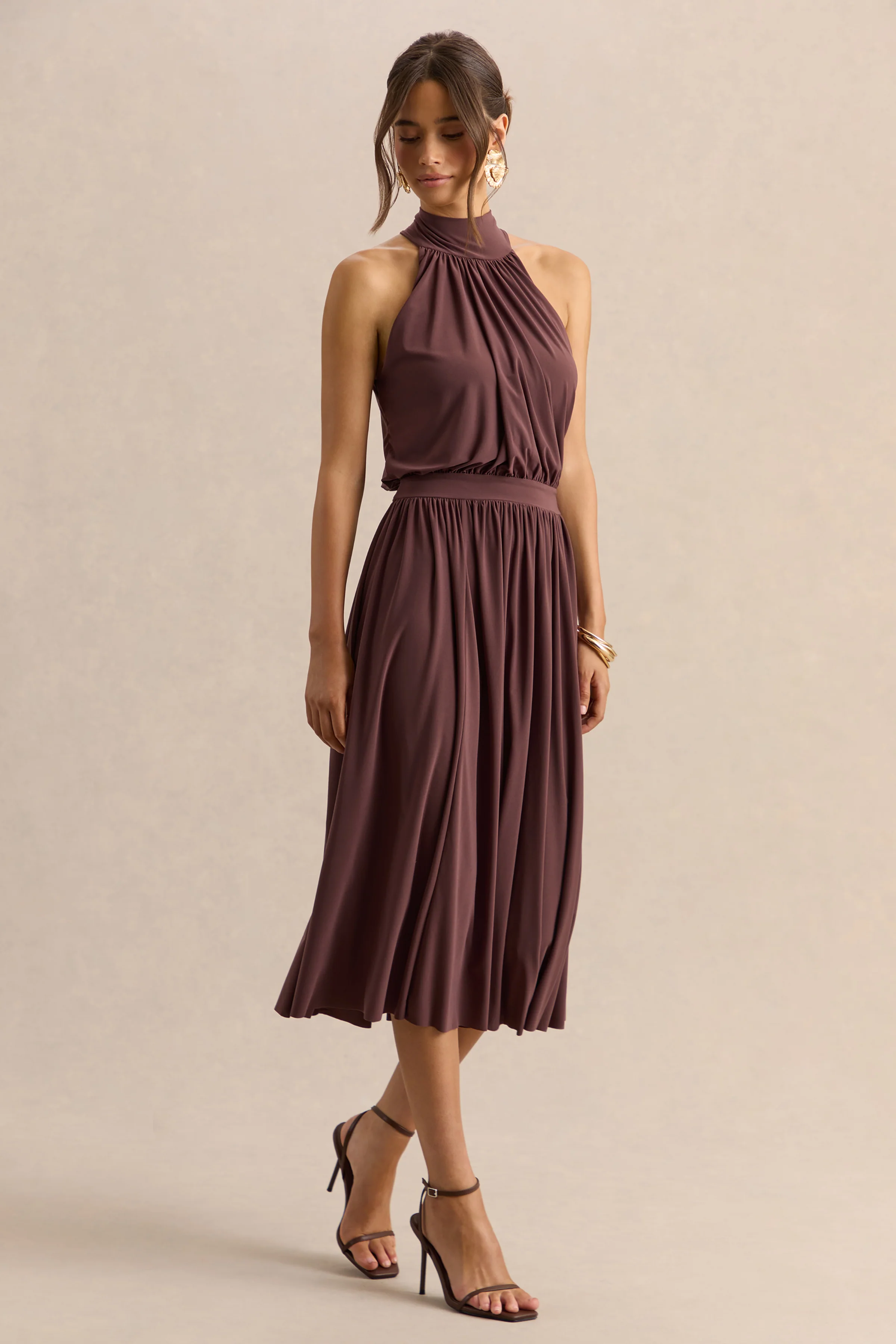 Hedira | Brown High-Neck Midi Dress - Image 5