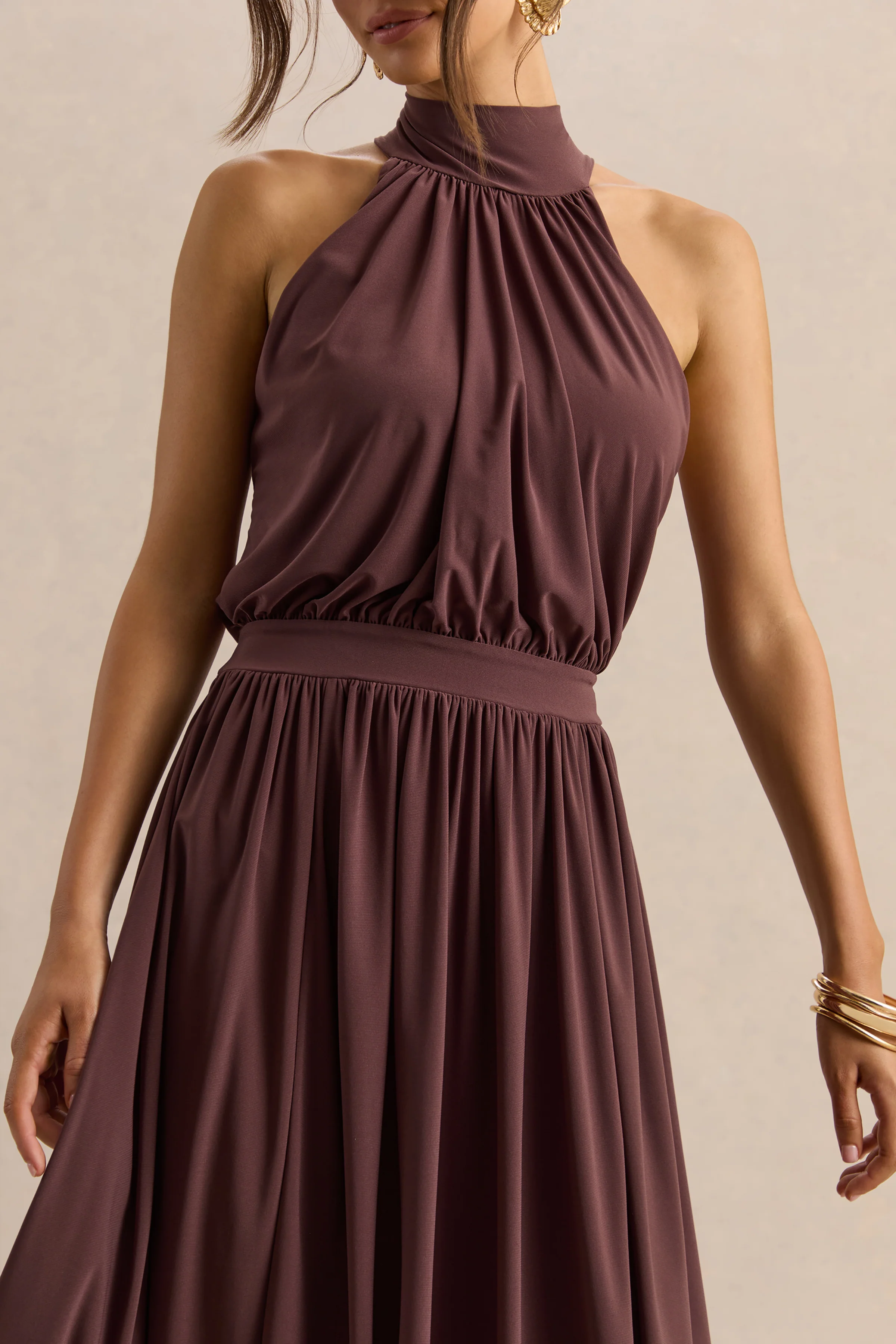 Hedira | Brown High-Neck Midi Dress - Image 7