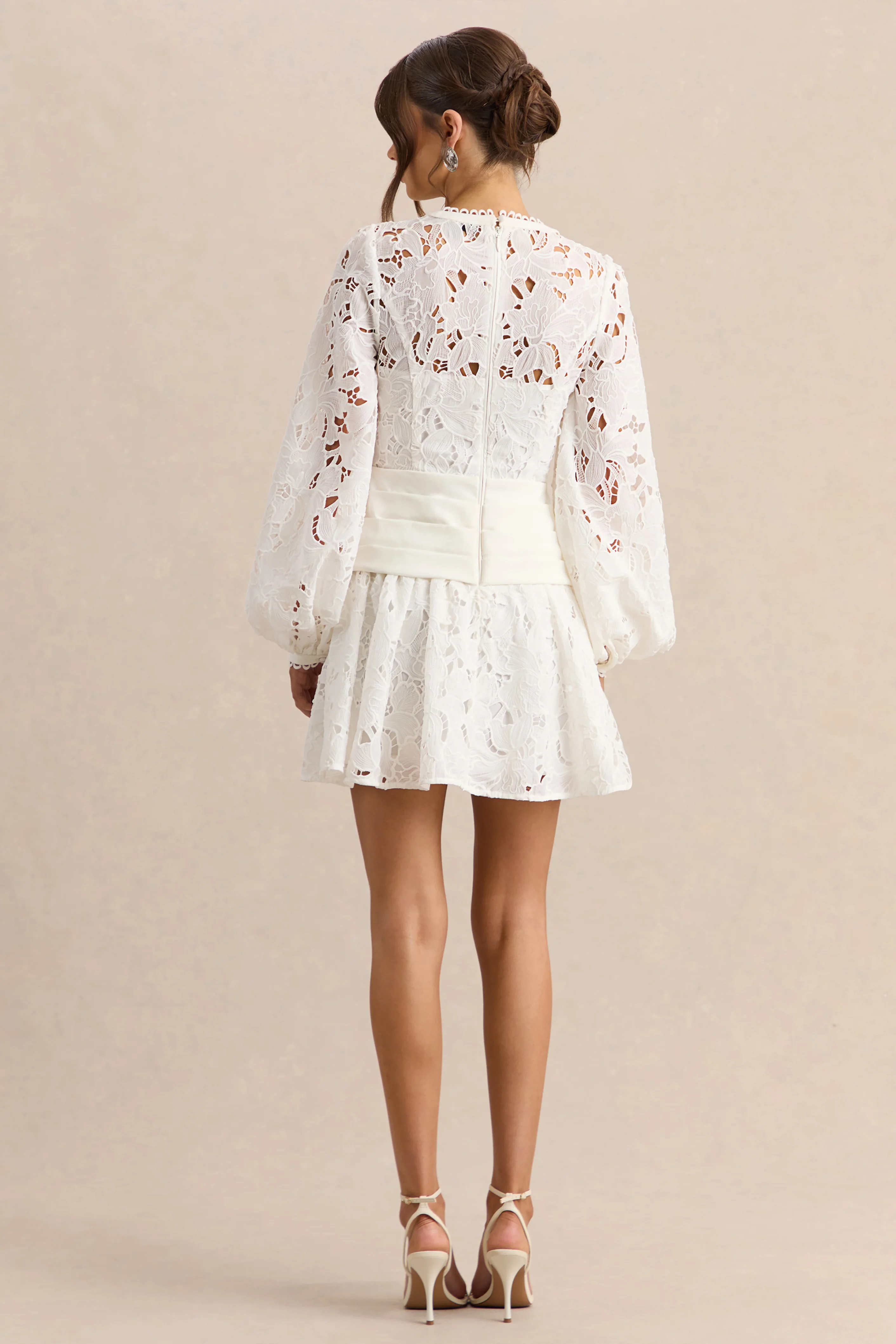 Helena | White Crew-Neck Mini Dress With Puff-Sleeves and Pleated Skirt - Image 2