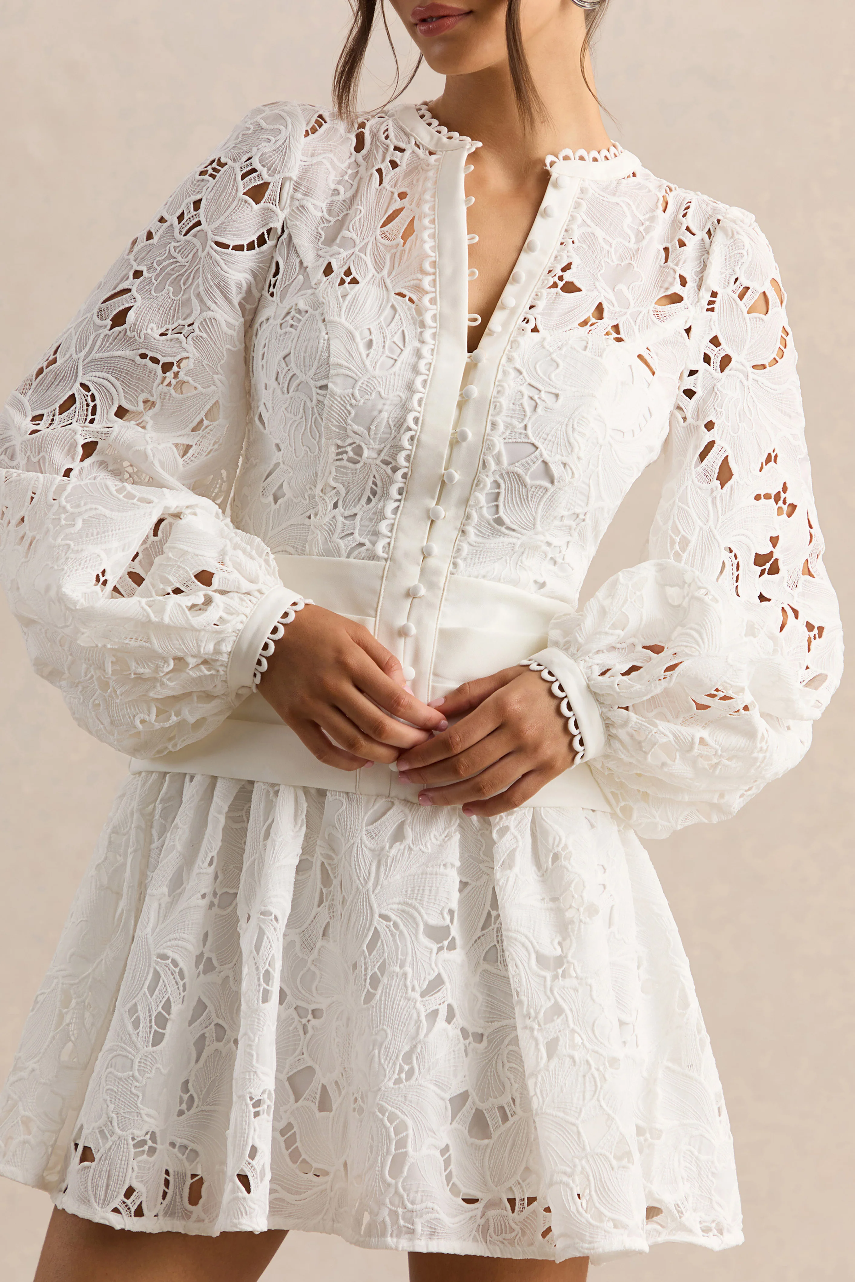 Helena | White Crew-Neck Mini Dress With Puff-Sleeves and Pleated Skirt - Image 3