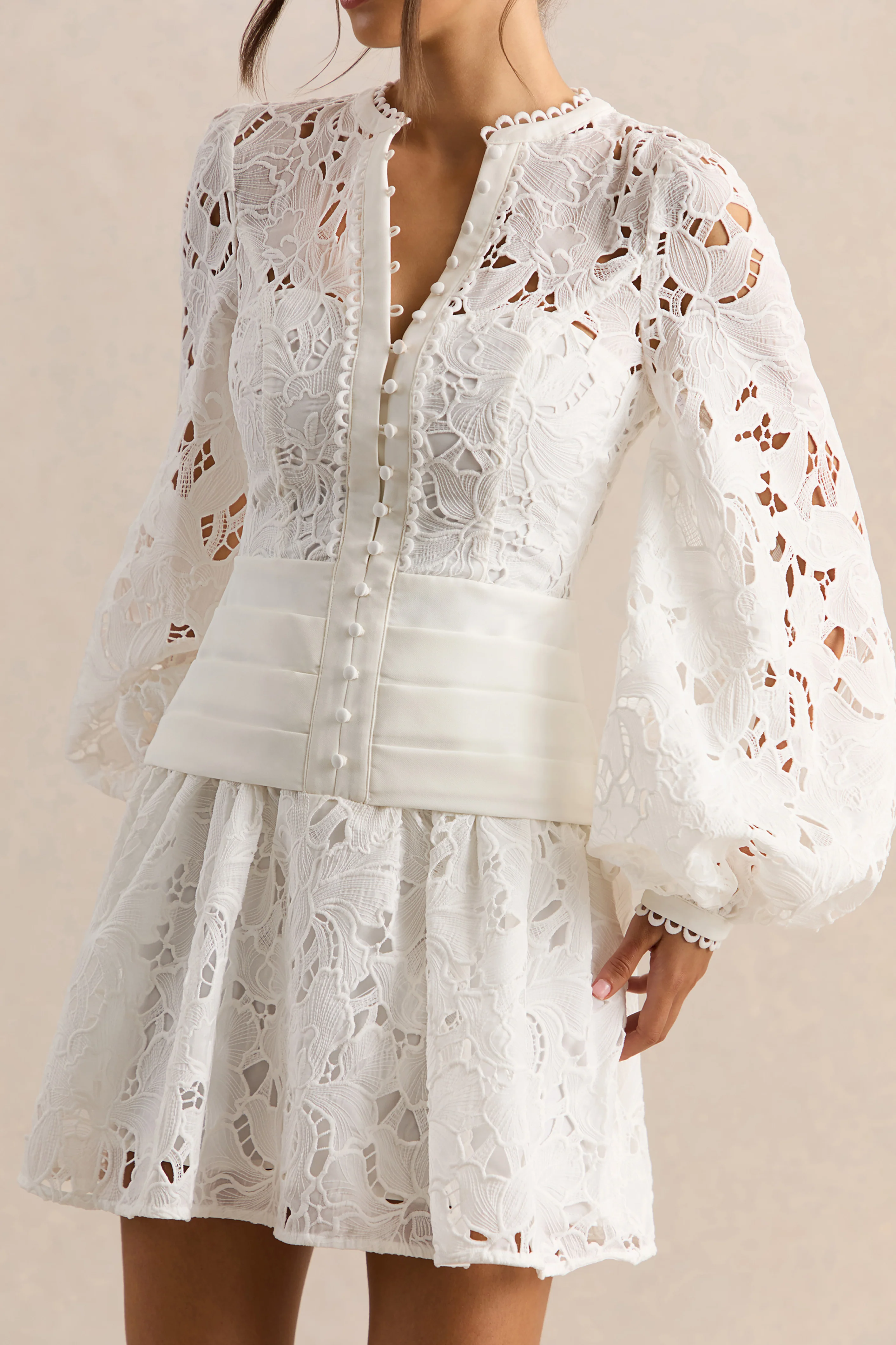 Helena | White Crew-Neck Mini Dress With Puff-Sleeves and Pleated Skirt - Image 8