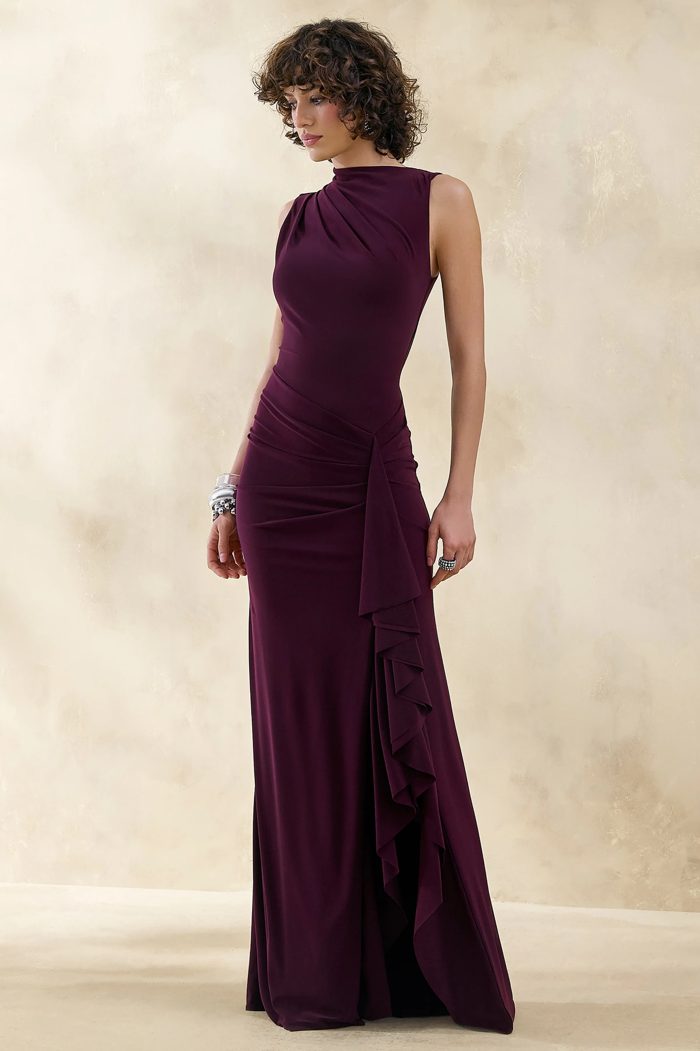 Helessia | Dark Plum Asymmetric-Neck Maxi Dress With Gathered-Detailing And Sash - Image 5