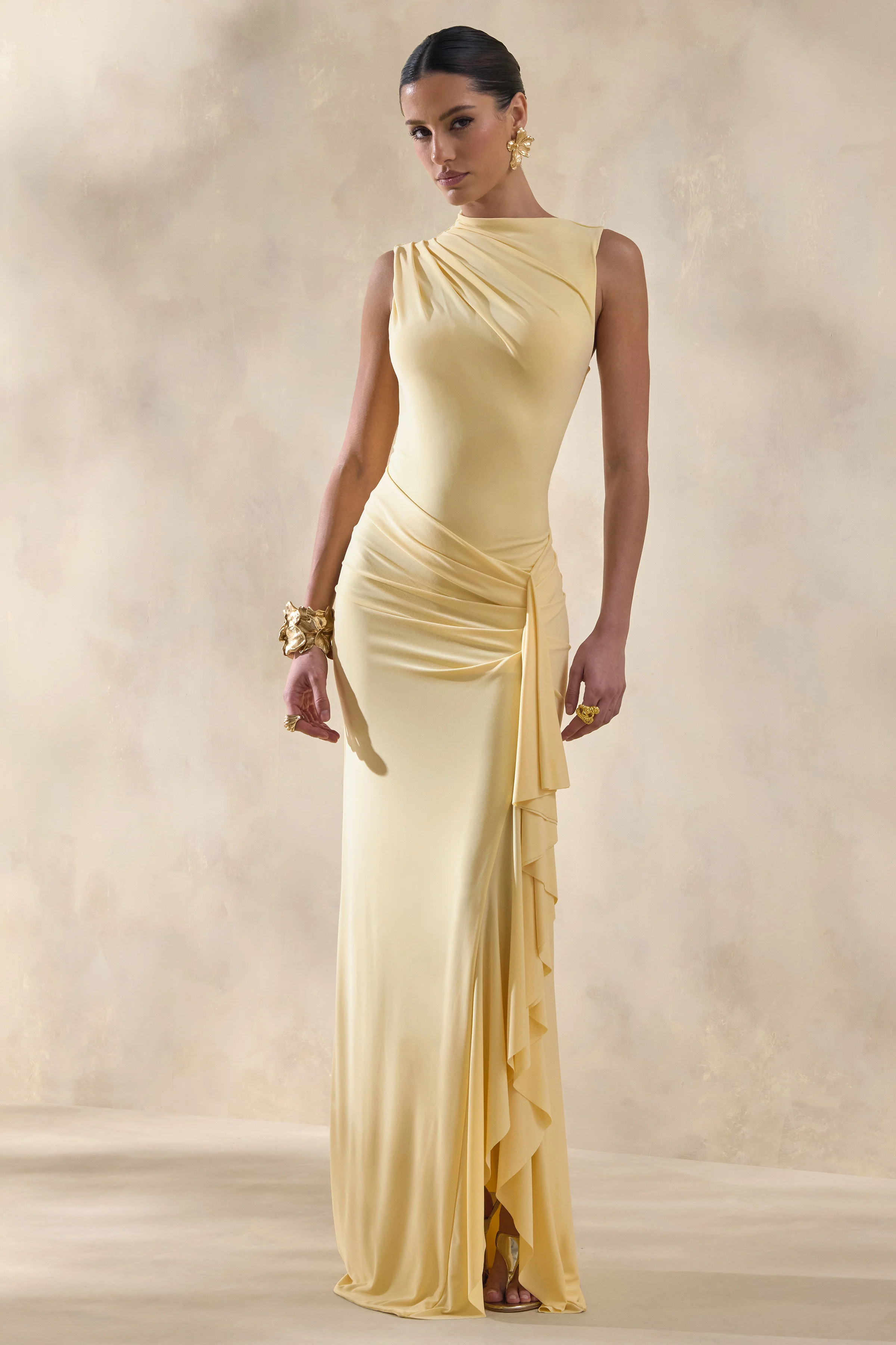Helessia | Lemon Asymmetric-Neck Maxi Dress With Gathered-Detailing And Sash
