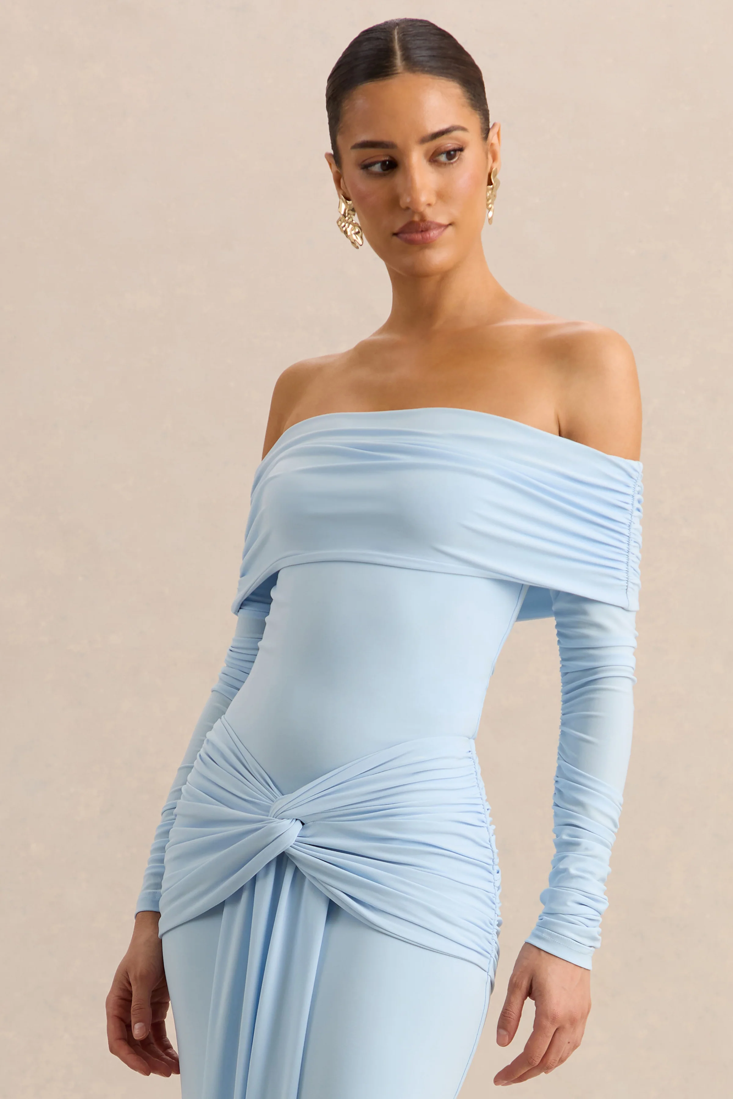 Helia | Blue Bardot Neck Thong Bodysuit With Ruched Long Sleeves - Image 4