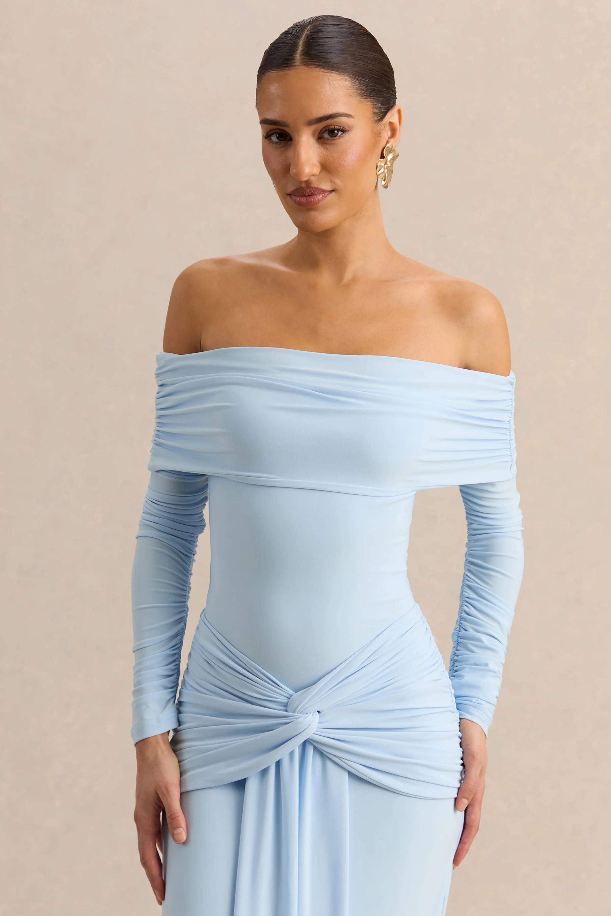 Helia | Blue Bardot Neck Thong Bodysuit With Ruched Long Sleeves - Image 6