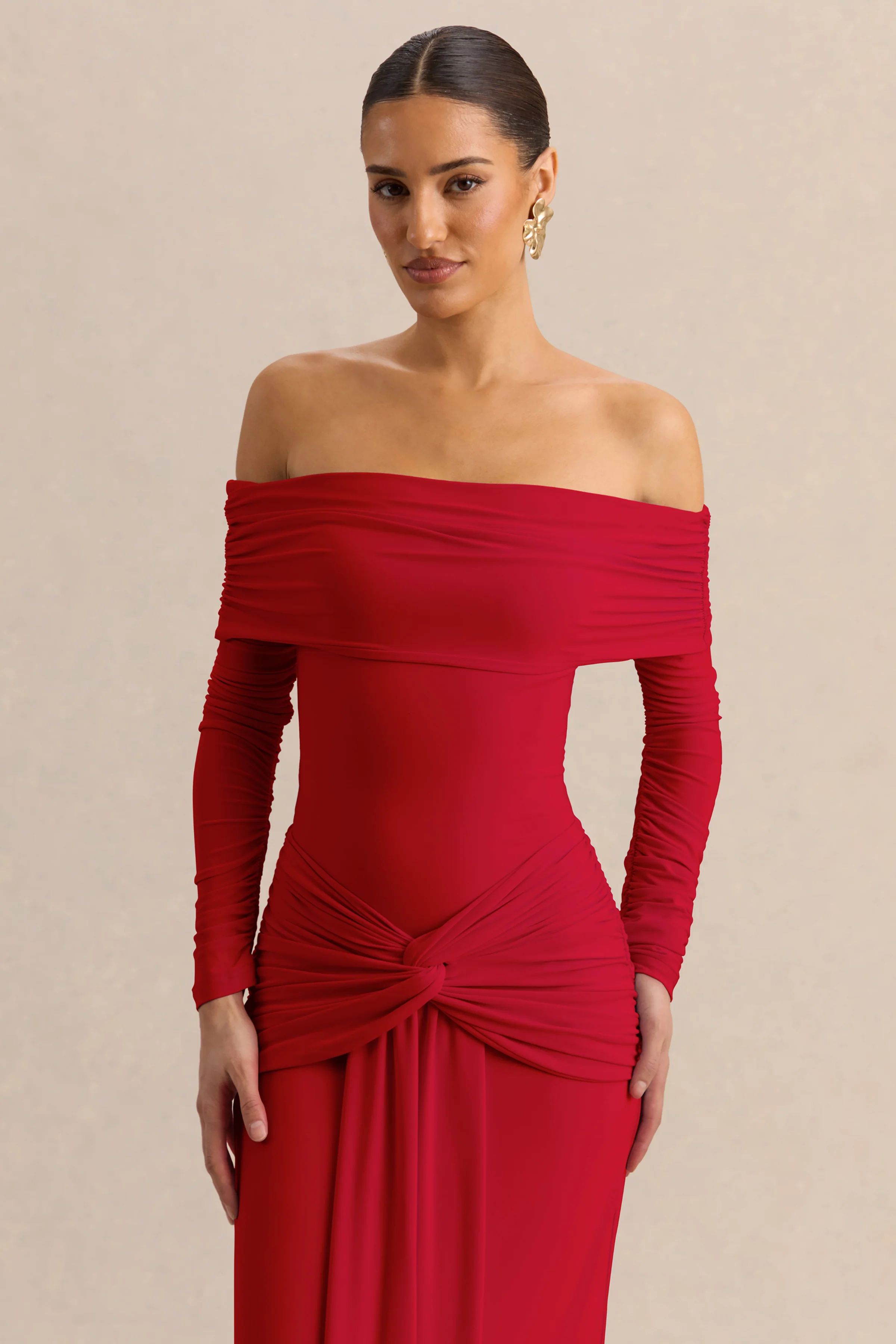 Helia | Red Bardot Neck Thong Bodysuit With Ruched Long Sleeves