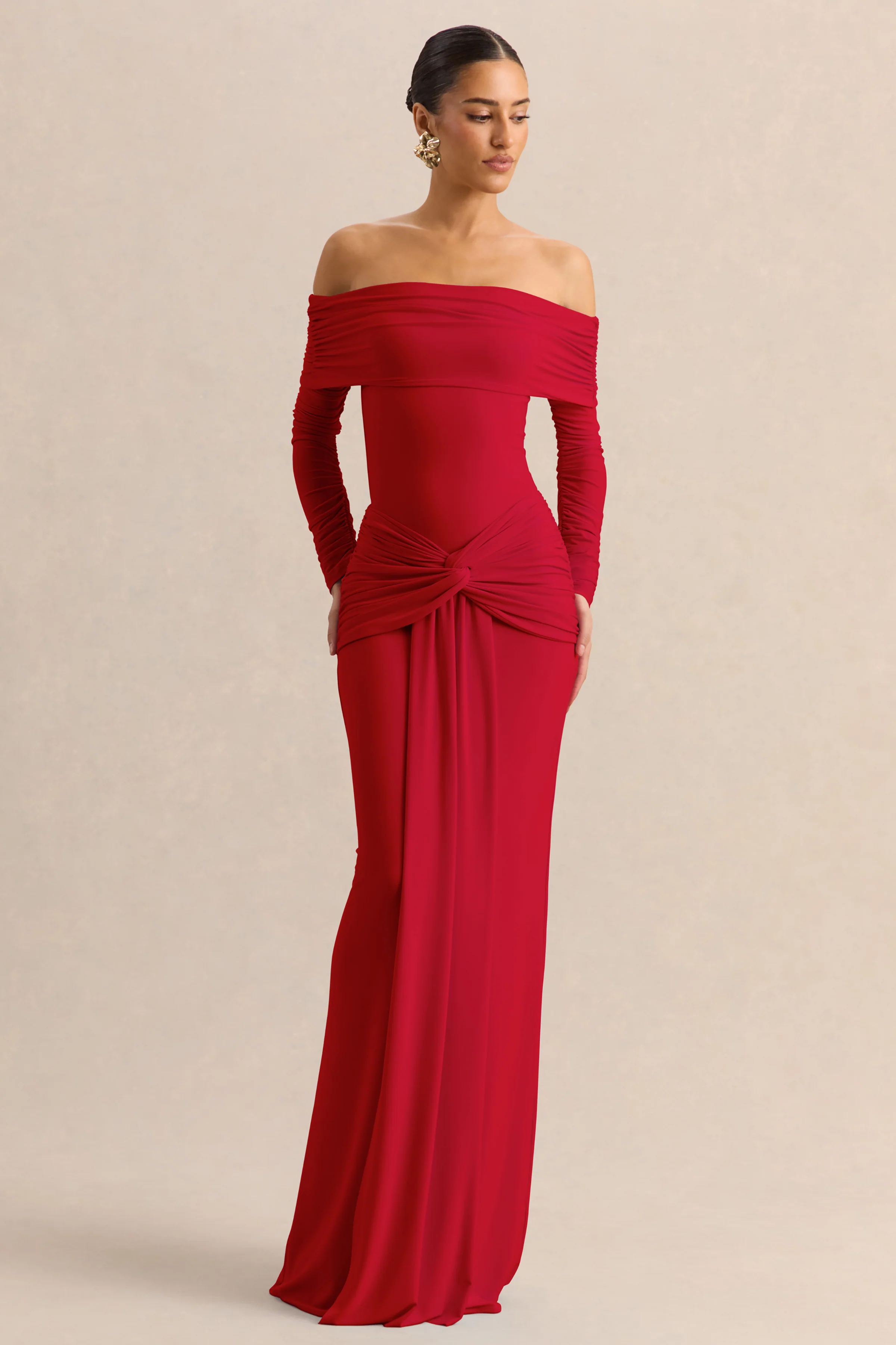Helia | Red Bardot Neck Thong Bodysuit With Ruched Long Sleeves - Image 4