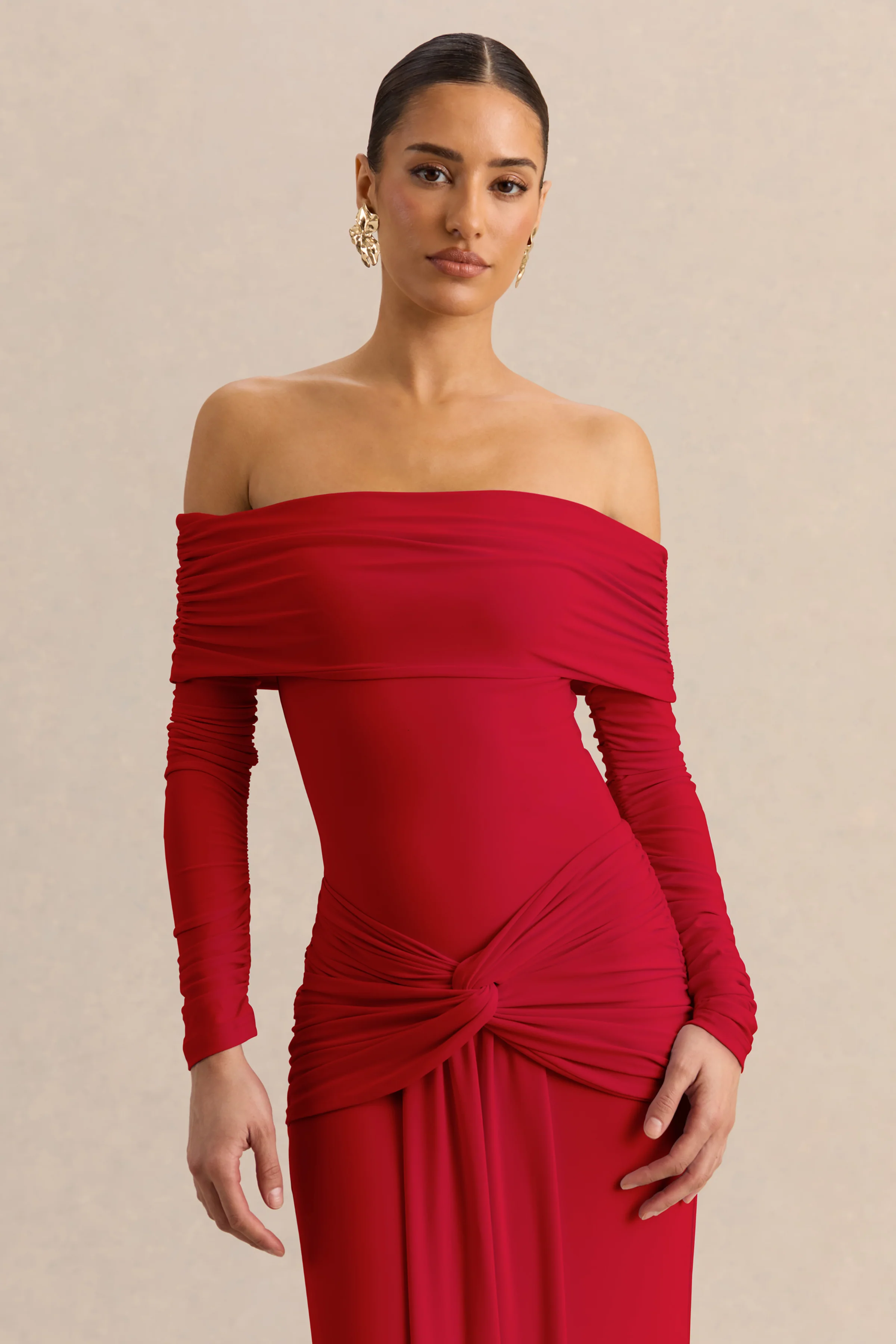 Helia | Red Bardot Neck Thong Bodysuit With Ruched Long Sleeves - Image 5