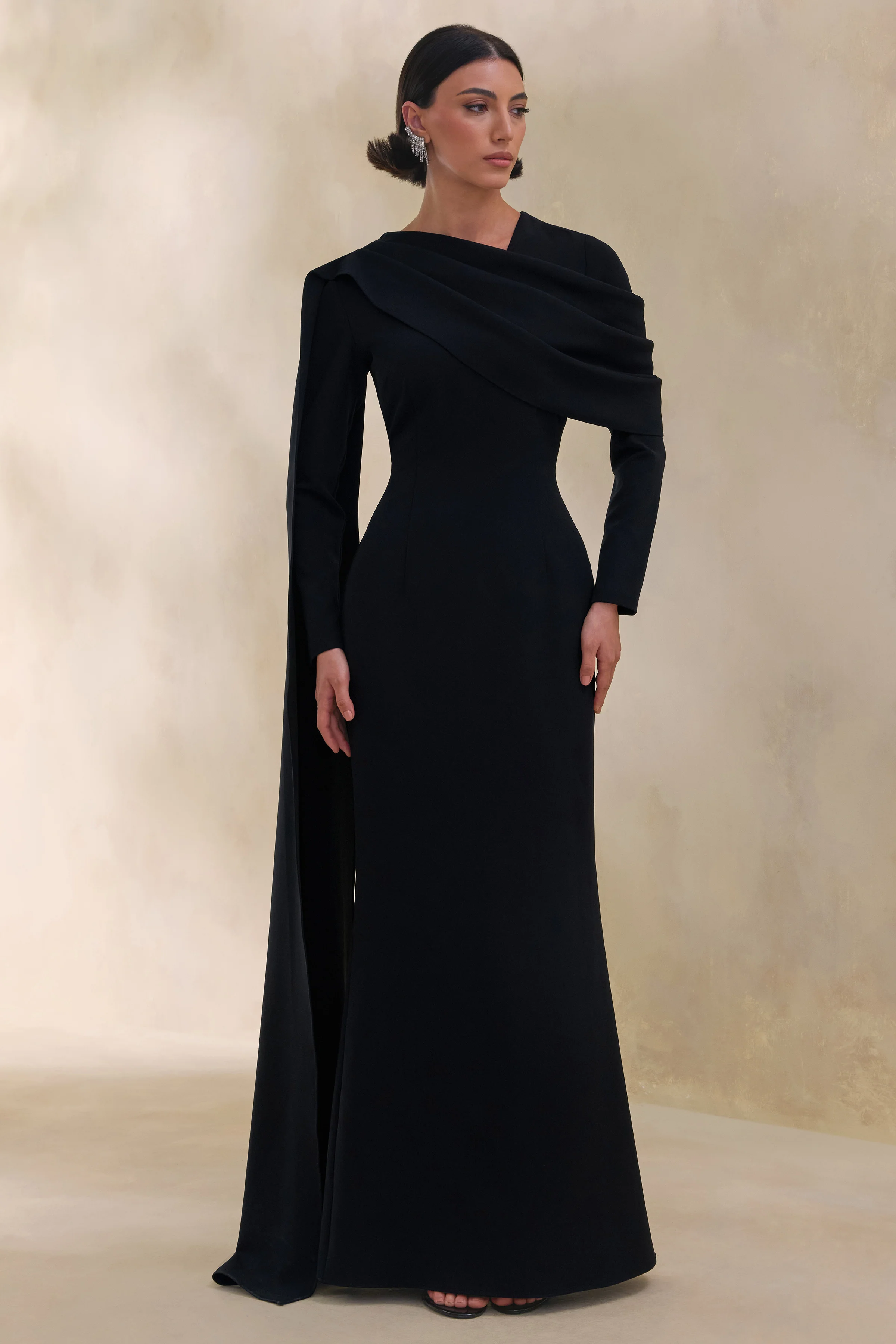 Heliora | Black V-Neck Maxi Dress With Sash And Draped-Detail - Image 11