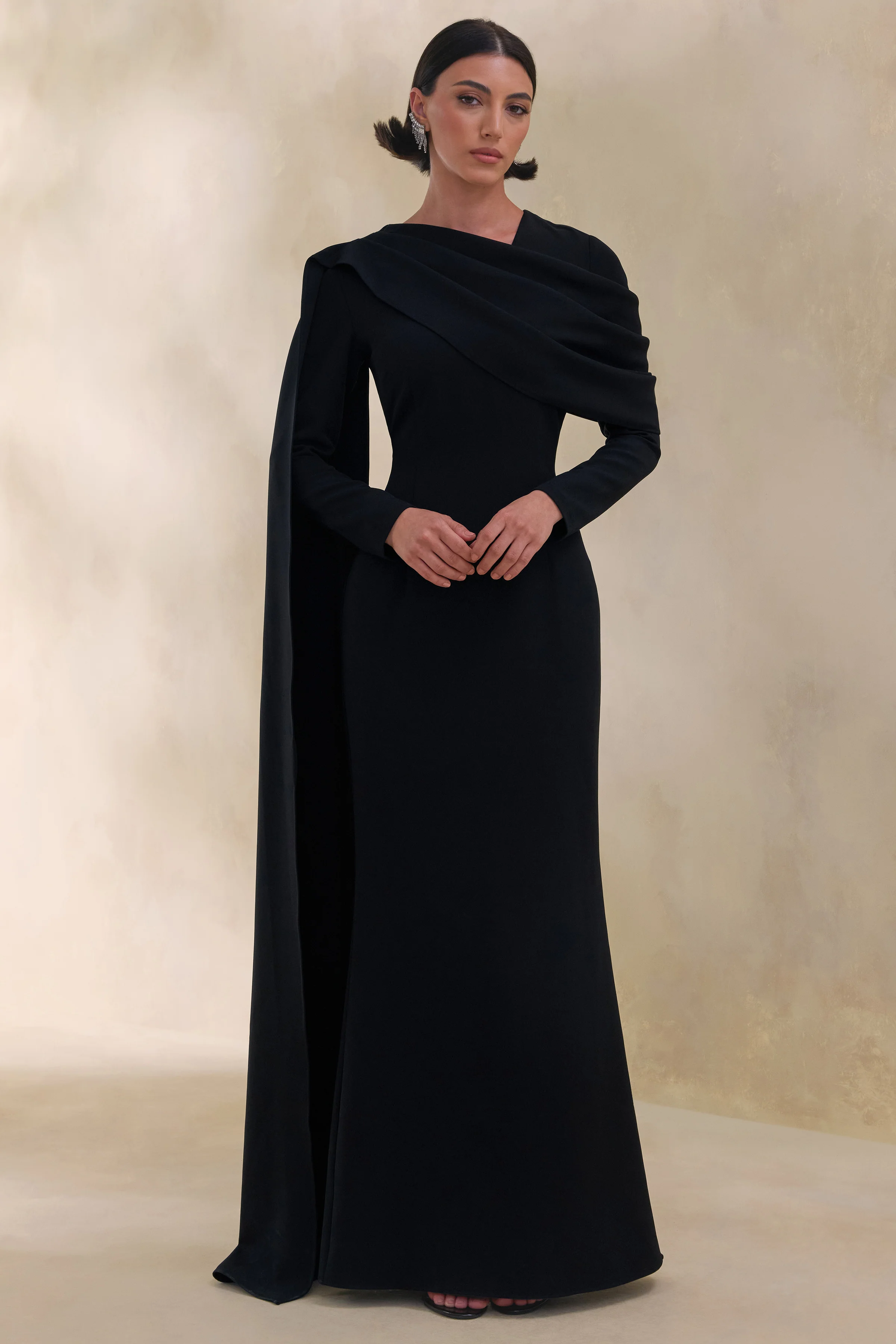Heliora | Black V-Neck Maxi Dress With Sash And Draped-Detail - Image 12
