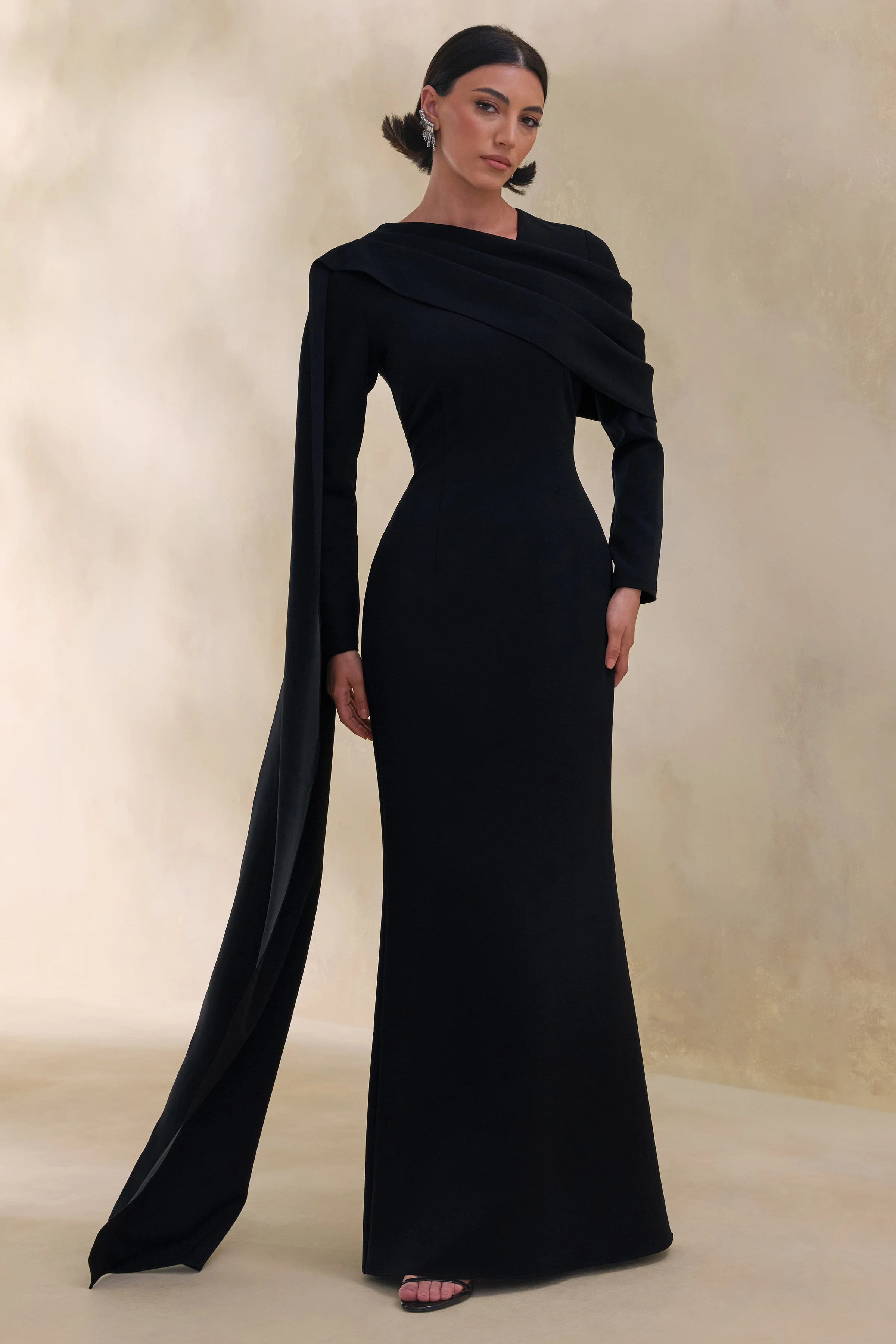 Heliora | Black V-Neck Maxi Dress With Sash And Draped-Detail - Image 6