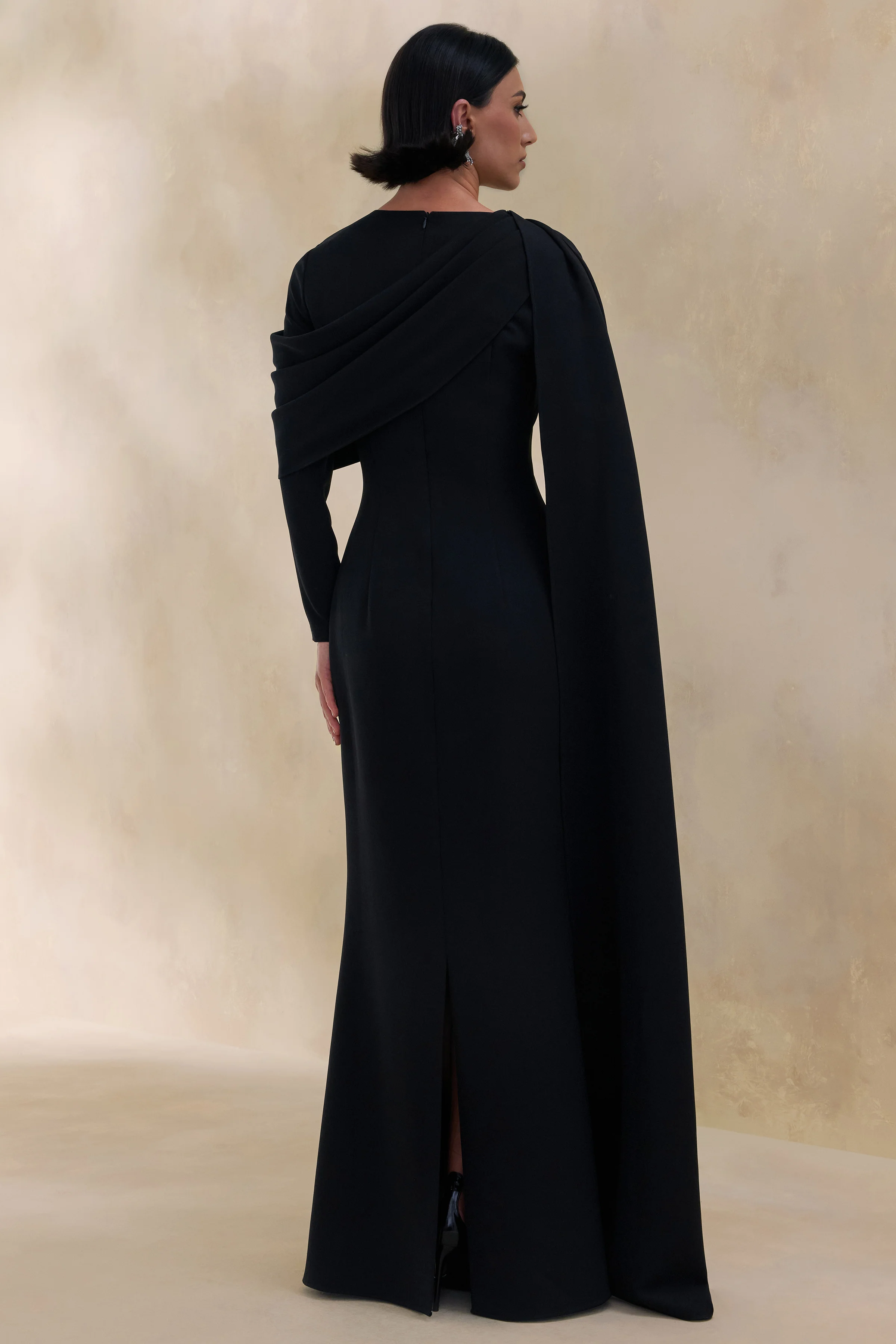 Heliora | Black V-Neck Maxi Dress With Sash And Draped-Detail - Image 9
