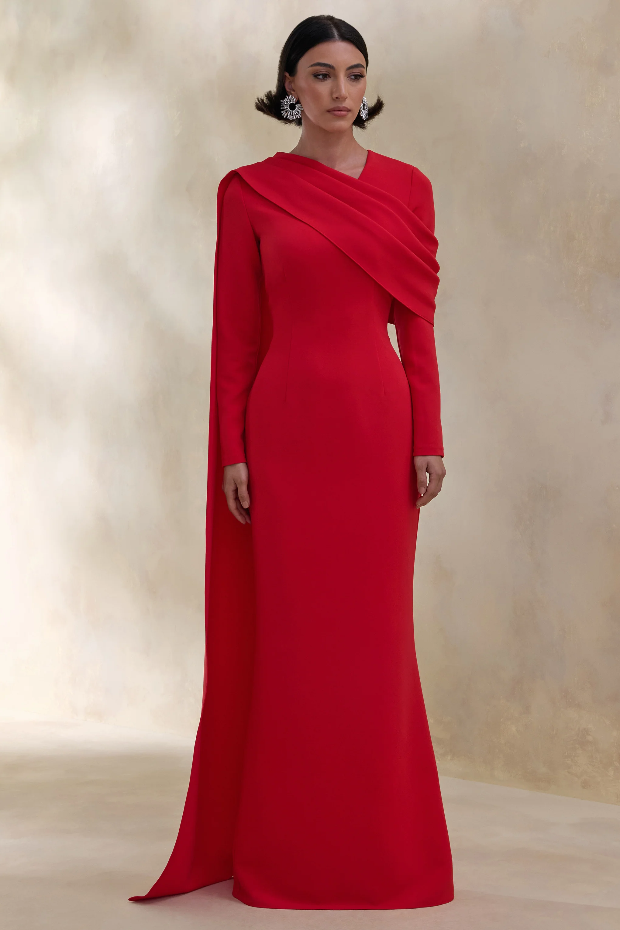 Heliora | Red V-Neck Maxi Dress With Sash And Draped-Detail - Image 4