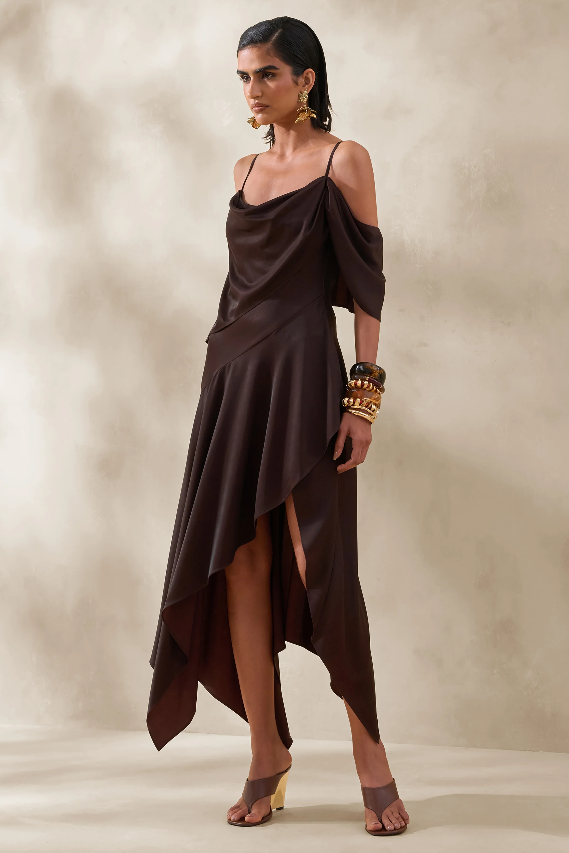 Helira | Brown Asymmetric Midi Dress With Draping Detailing and Open-Back - Image 2