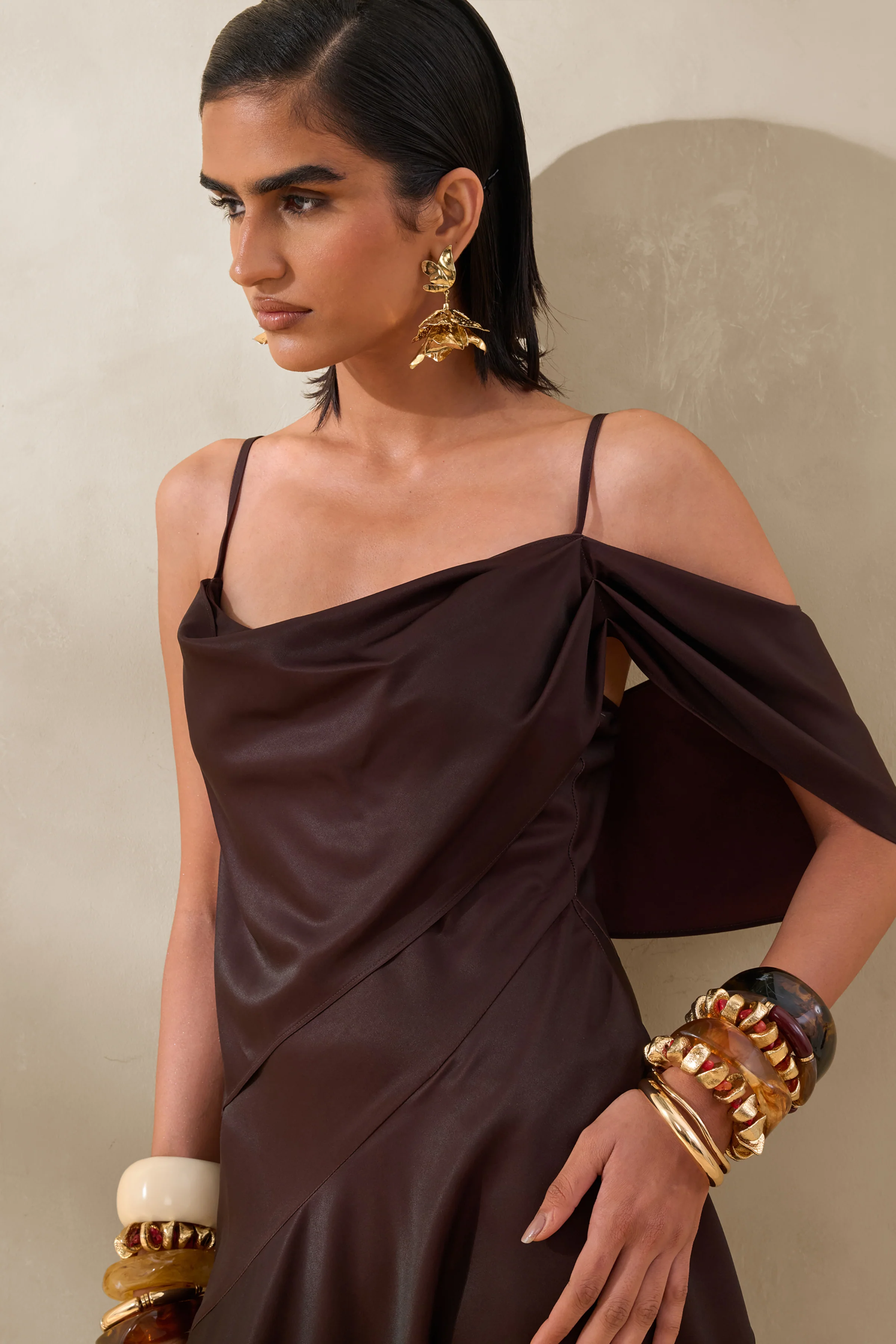 Helira | Brown Asymmetric Midi Dress With Draping Detailing and Open-Back - Image 3